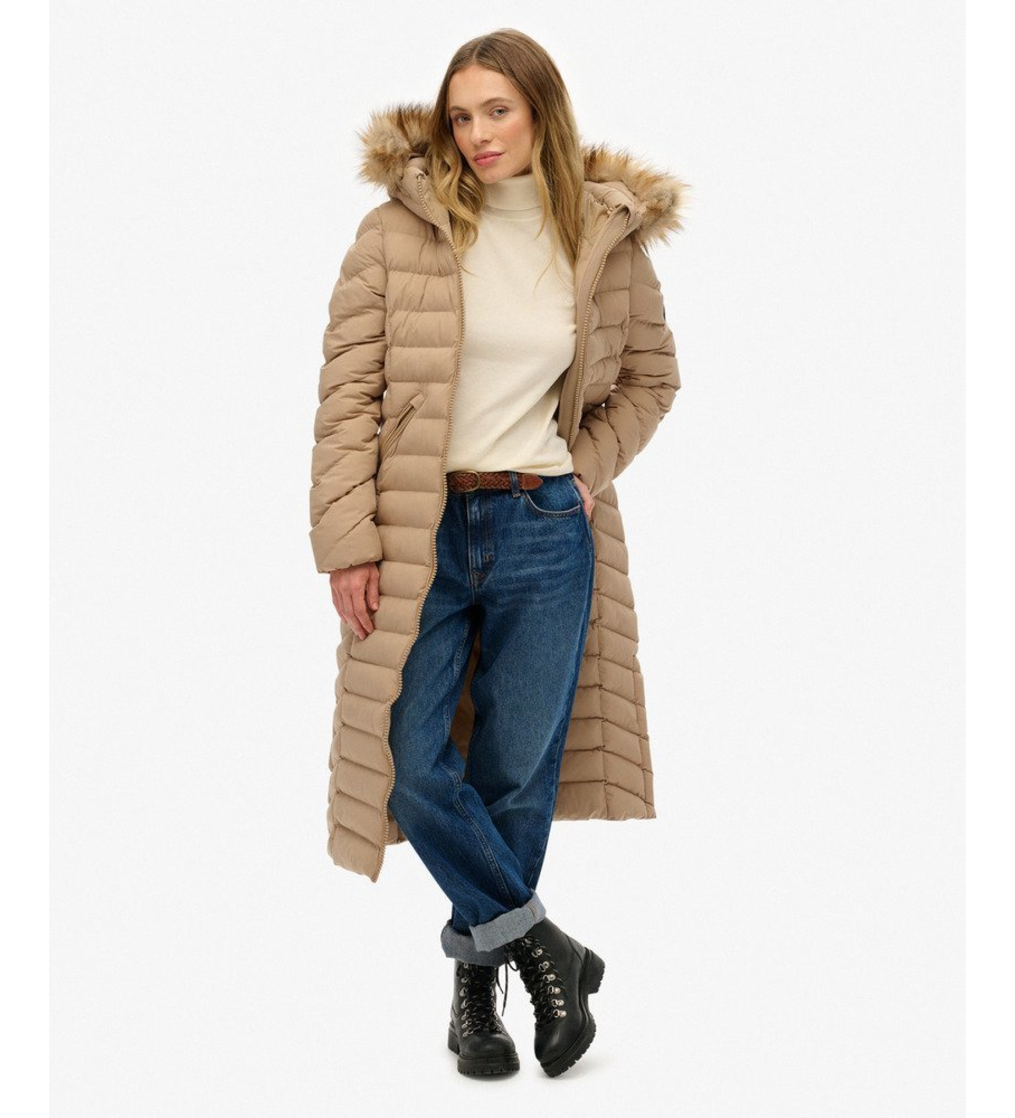 Superdry für Damen. W5012001A Fuji Kunstfellmantel mit Kapuze und langem Schnitt beige (M), Lässig, Polyester