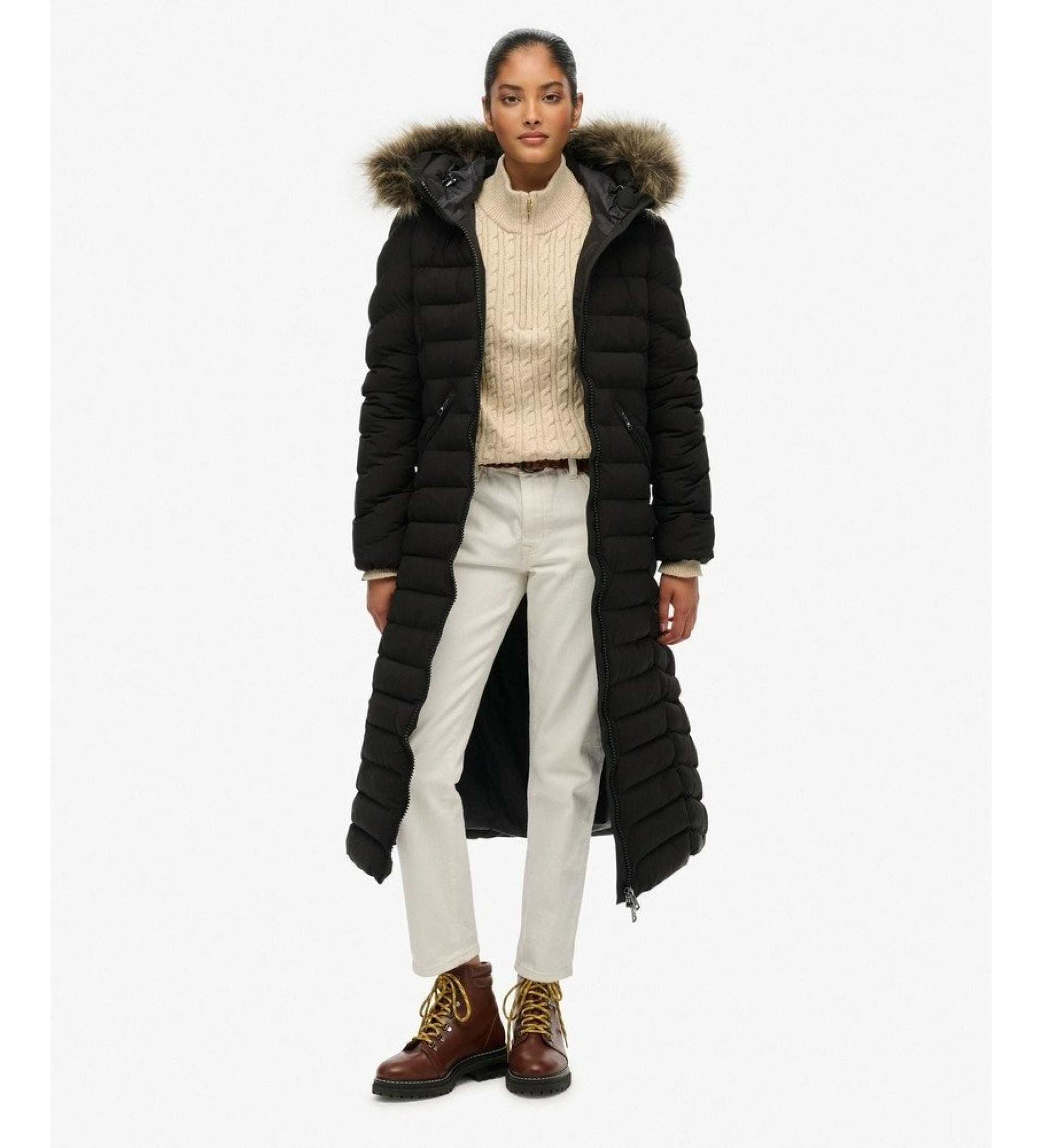 Superdry für Damen. W5012001A Fuji Kunstpelz Longline Mantel schwarz (M), Lässig, Polyester