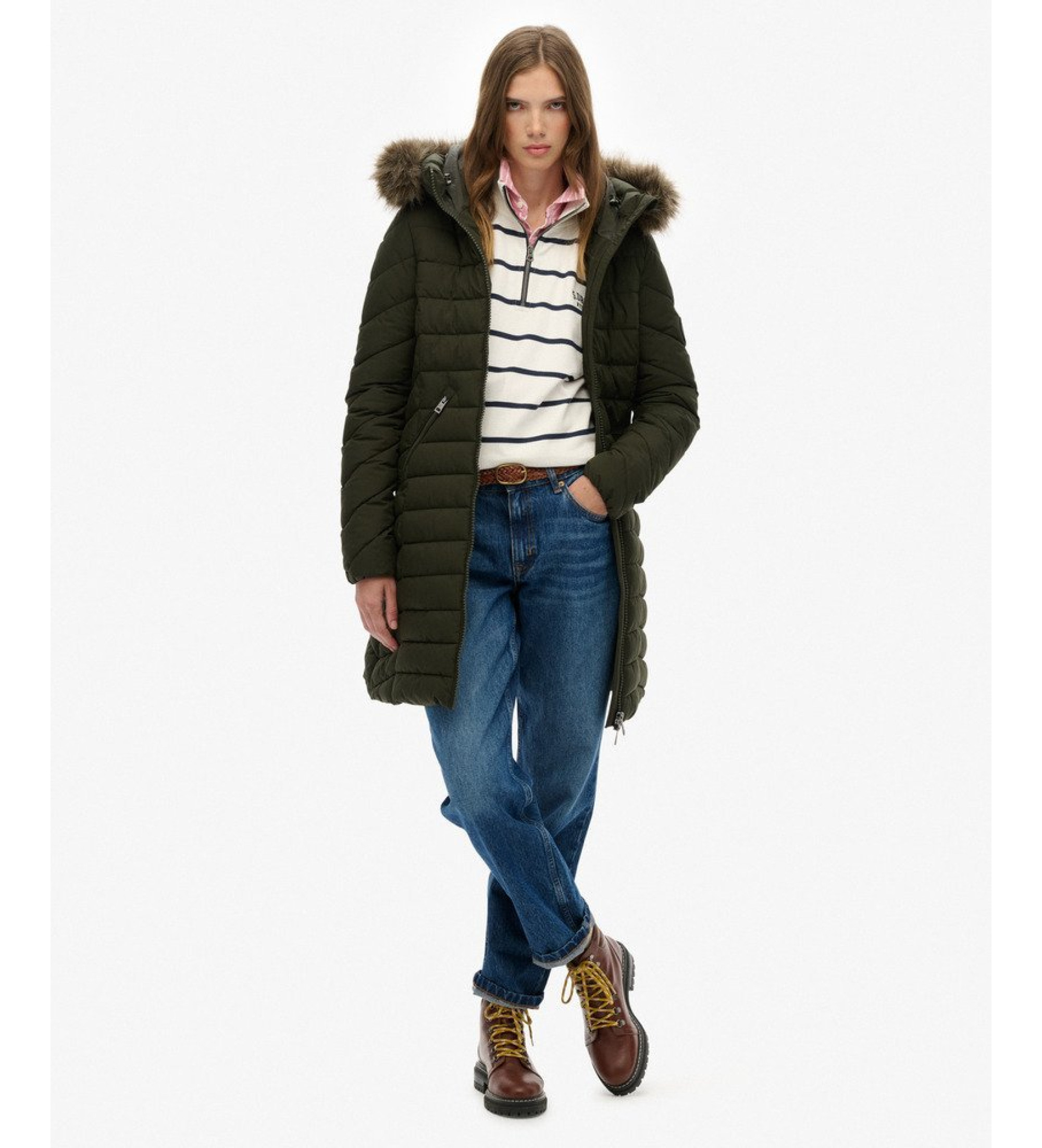 Superdry für Damen. W5011999A Fuji Faux Coat dunkelgrün (XS), Lässig, Polyester