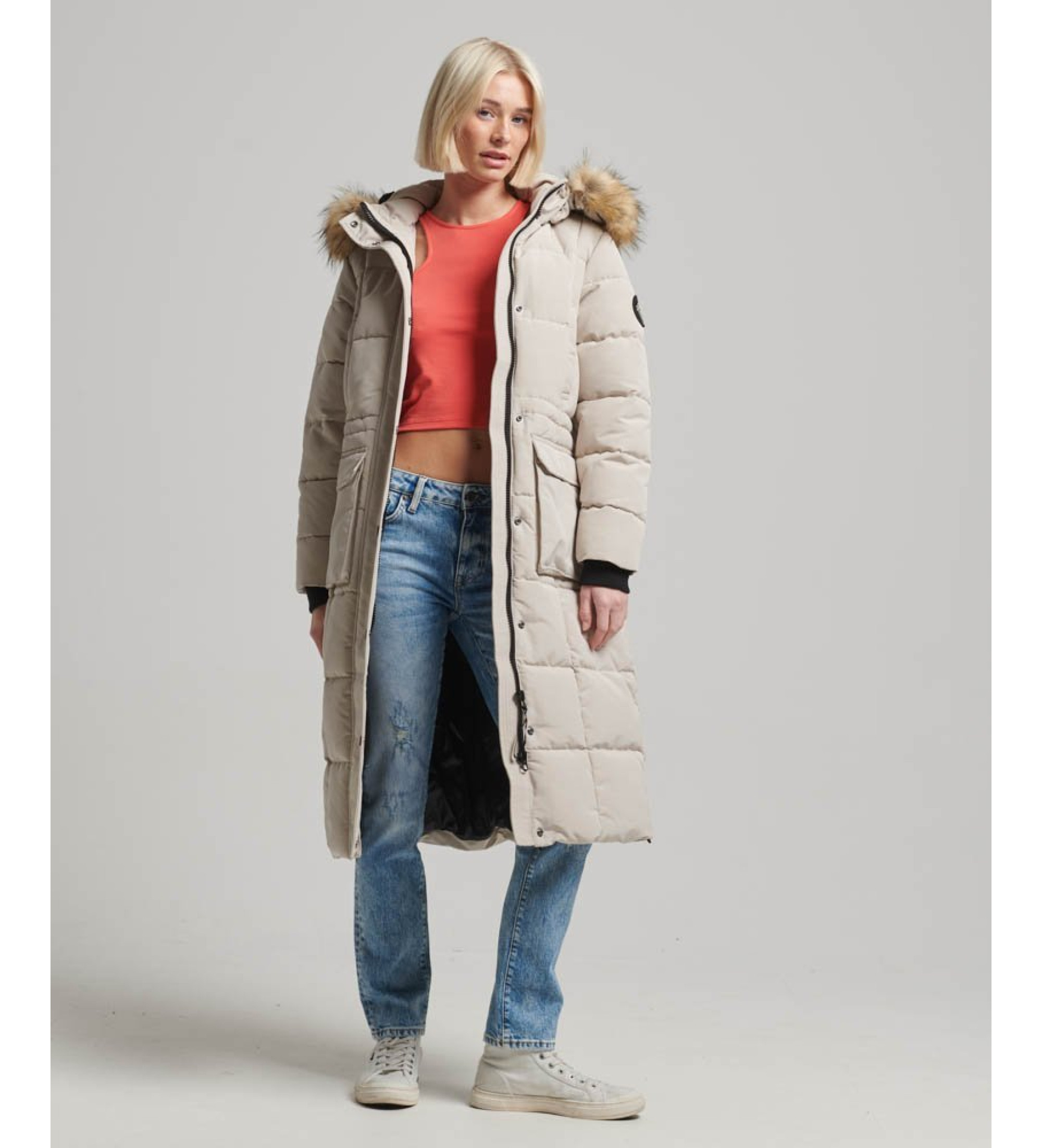Superdry für Damen. W5011566A Langer Steppmantel Everest beige (M), Lässig, Polyester