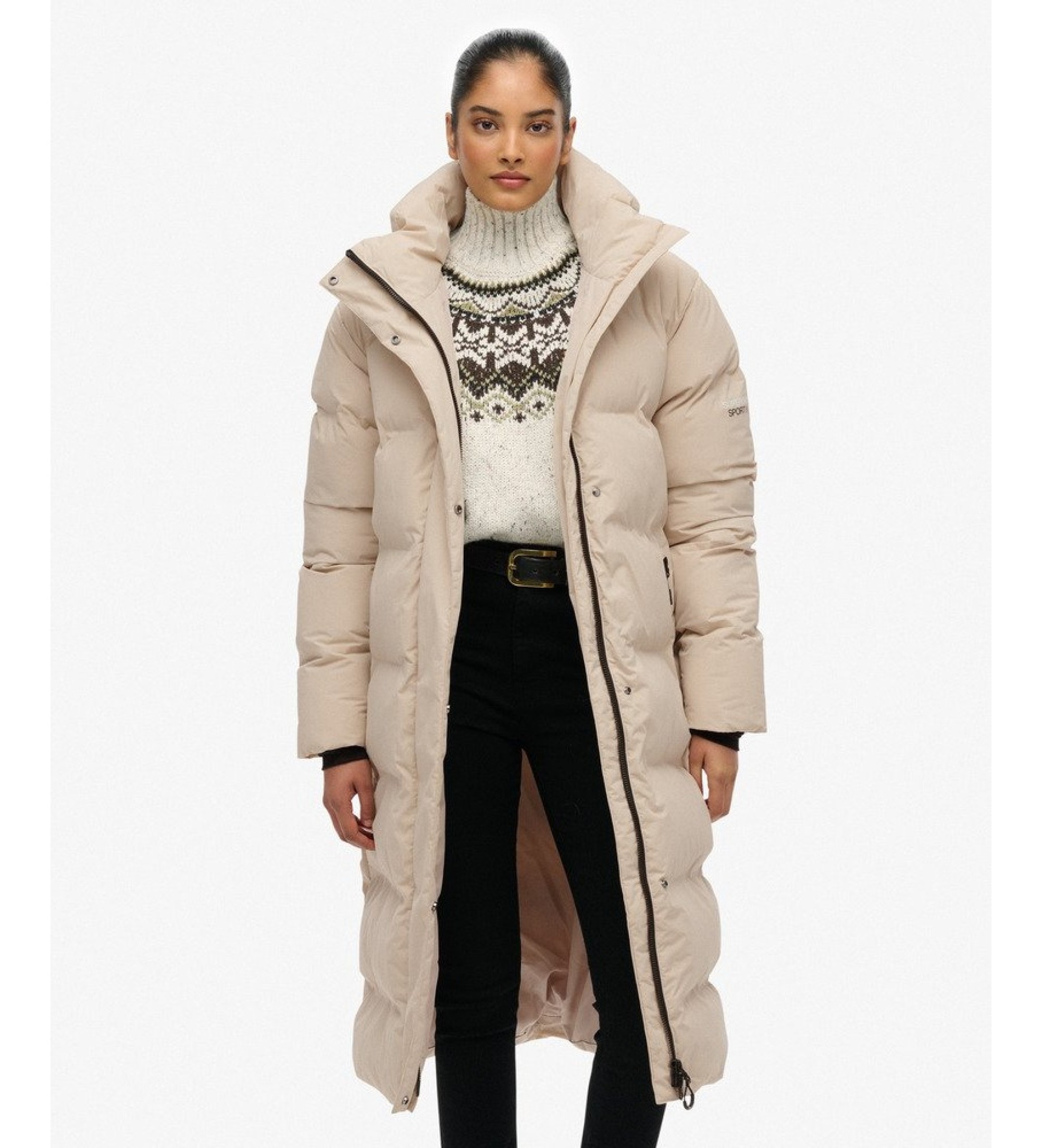 Superdry für Damen. W5012143A Beigefarbener, gesteppter Longline-Mantel mit Kapuze (L), Lässig, Stoff