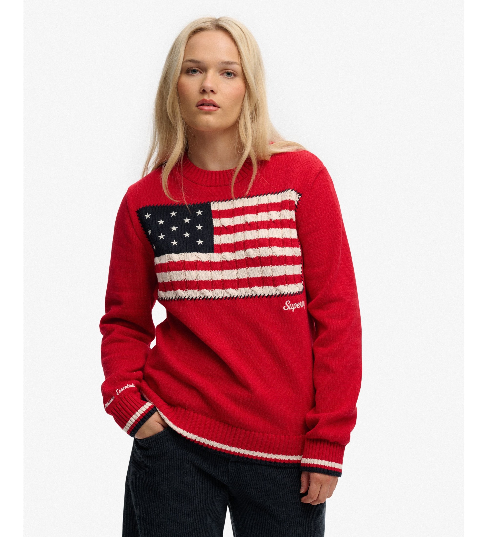 Superdryvoor vrouwen. W6110713A Trui met Amerikaanse vlag rood (XL), Casual, Katoen