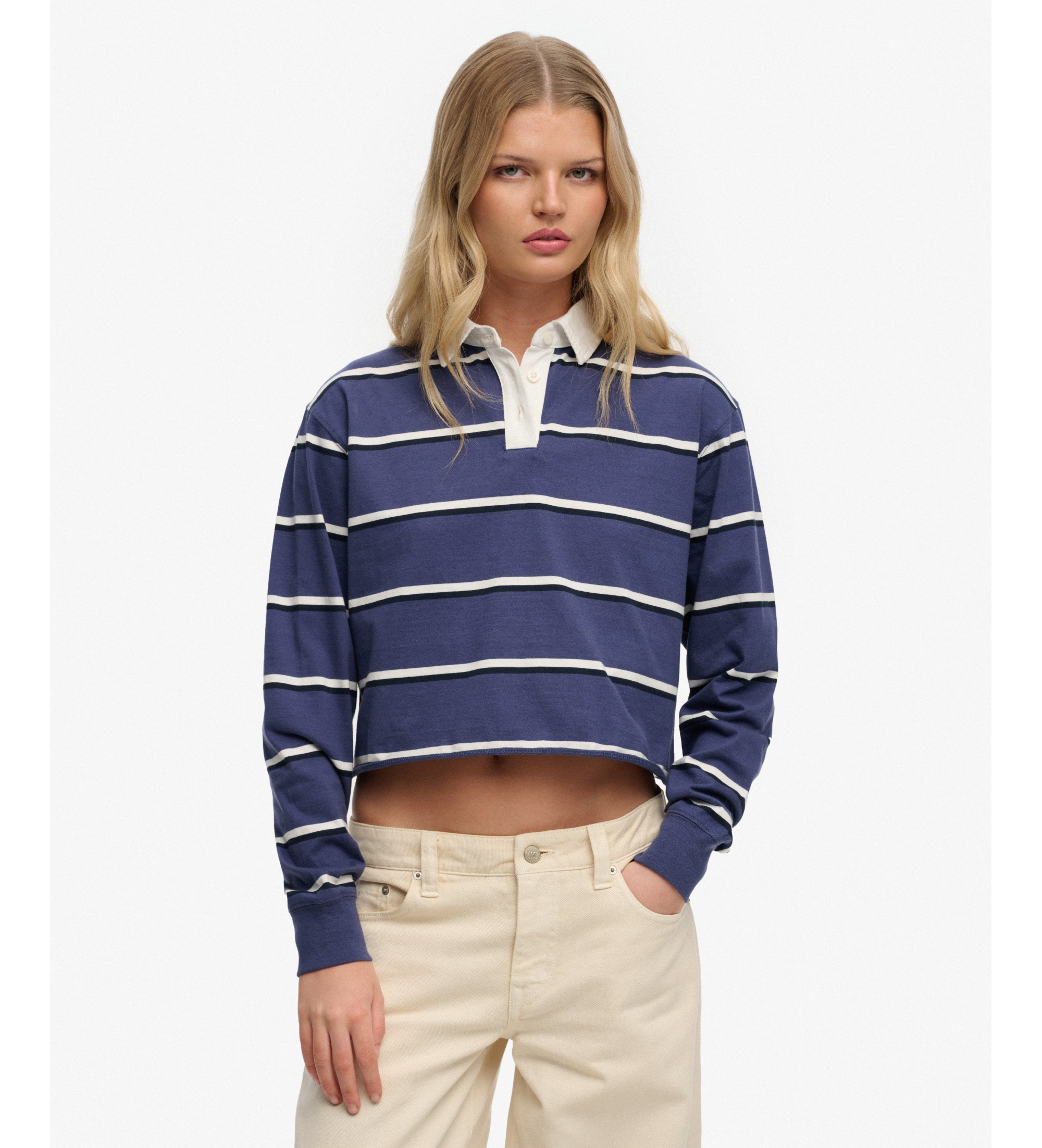 Superdry für Damen. W6012175A Gestreiftes Poloshirt Rugby navy (XS), Lässig, Baumwolle, Langarm, Marine