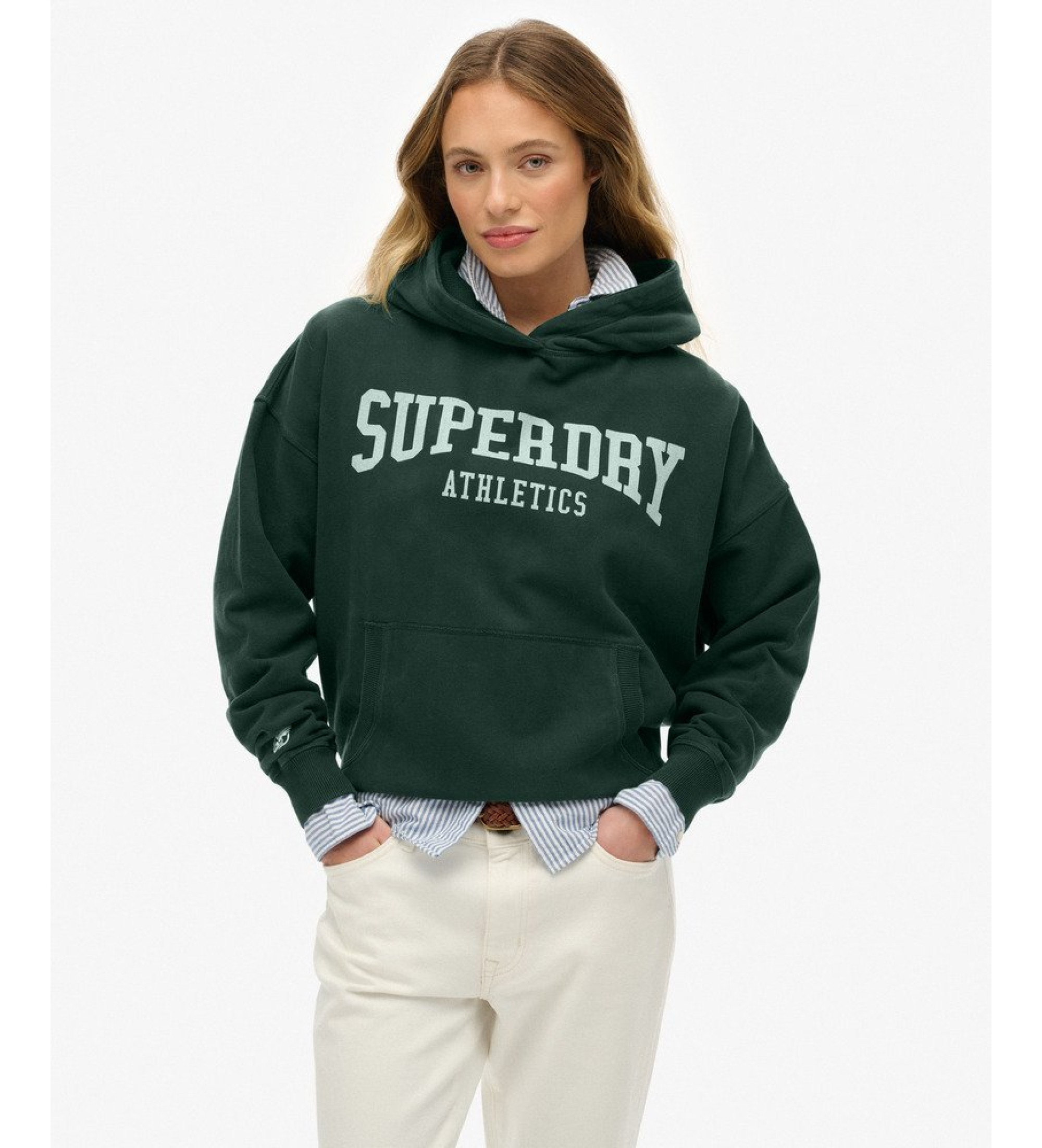 Superdry Damen Baumwolle Grafischer Druck Athletic Essentials Kapuzenpullover in Lockerer Passform, Grün, Größe: 38