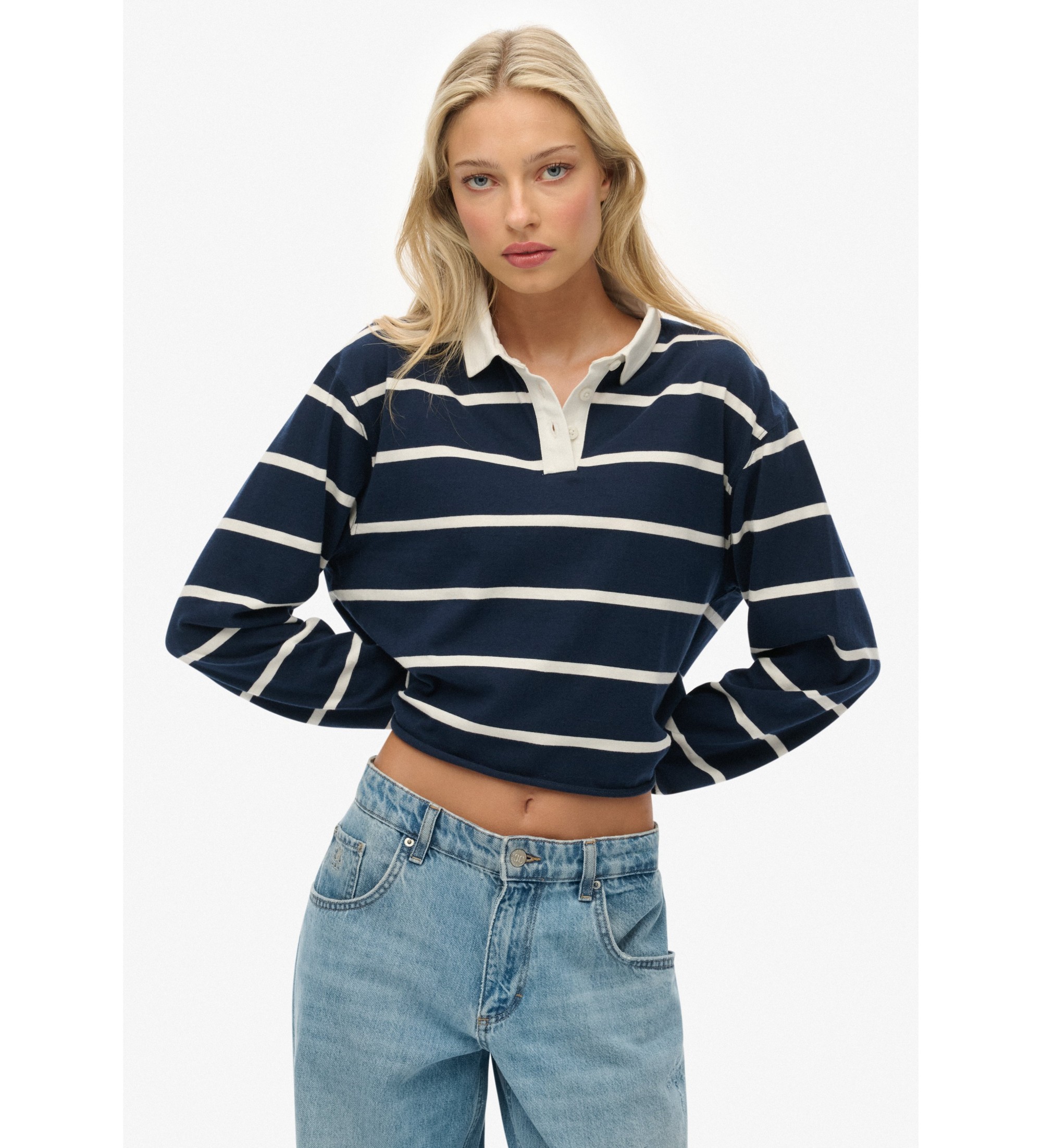 Superdry für Damen. W6012175A Gestreiftes Poloshirt Rugby navy (XL), Lässig, Baumwolle, Langarm, Marine