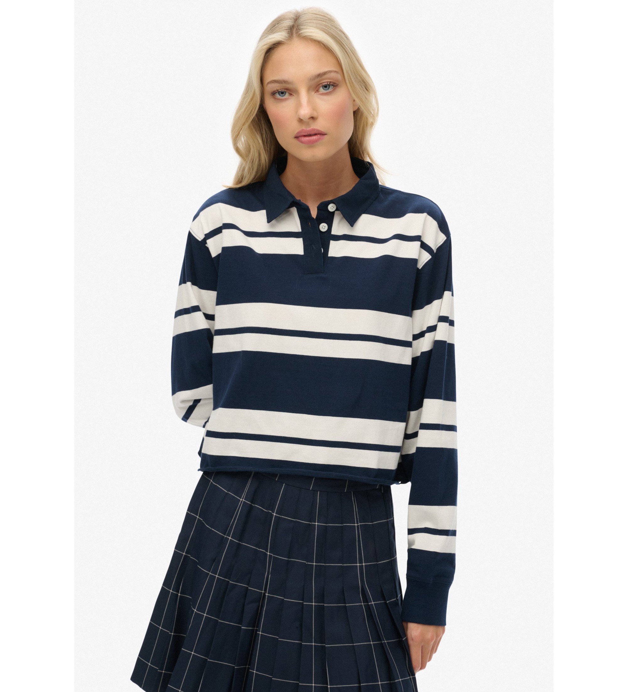 Superdry für Damen. W6012175A Gestreiftes Poloshirt Rugby navy (M), Lässig, Baumwolle, Langarm, Marine