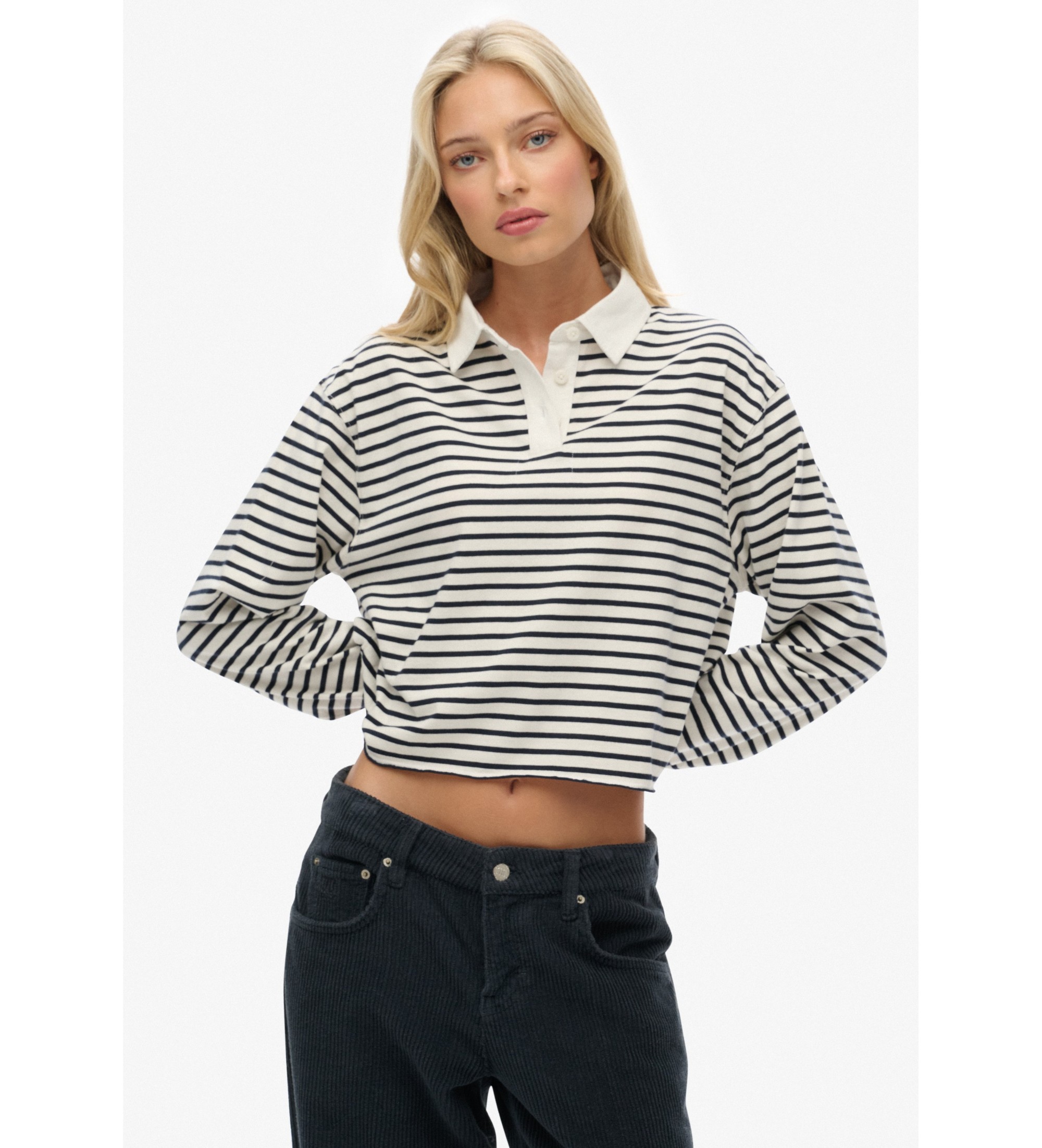 Superdry für Damen. W6012175A Gestreiftes Poloshirt Rugby beige (L), Lässig, Baumwolle, Langarm