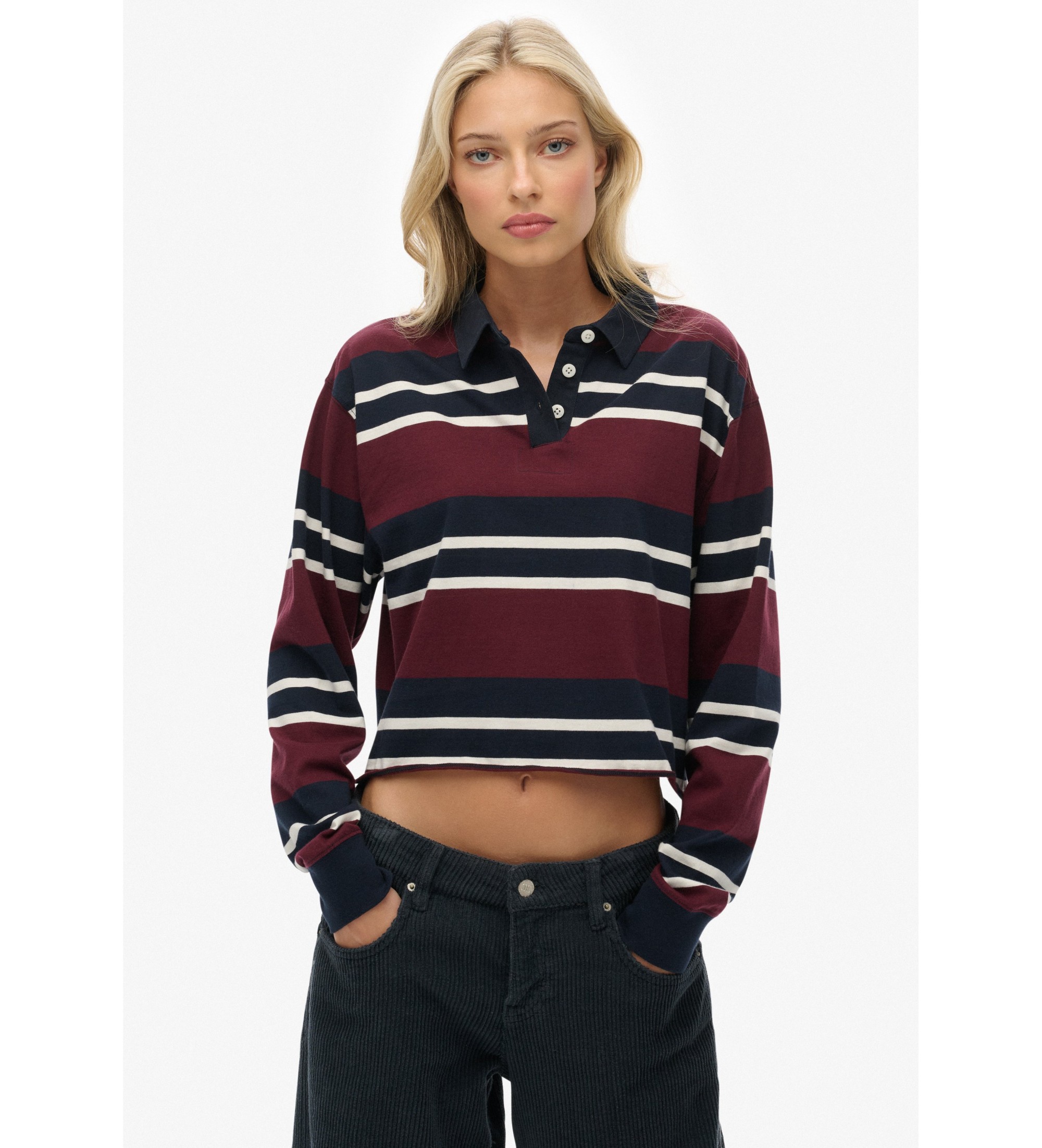 Superdry für Damen. W6012175A Polo Stripe Rugby burgundy (XL), Lässig, Baumwolle, Langarm, Bordeaux