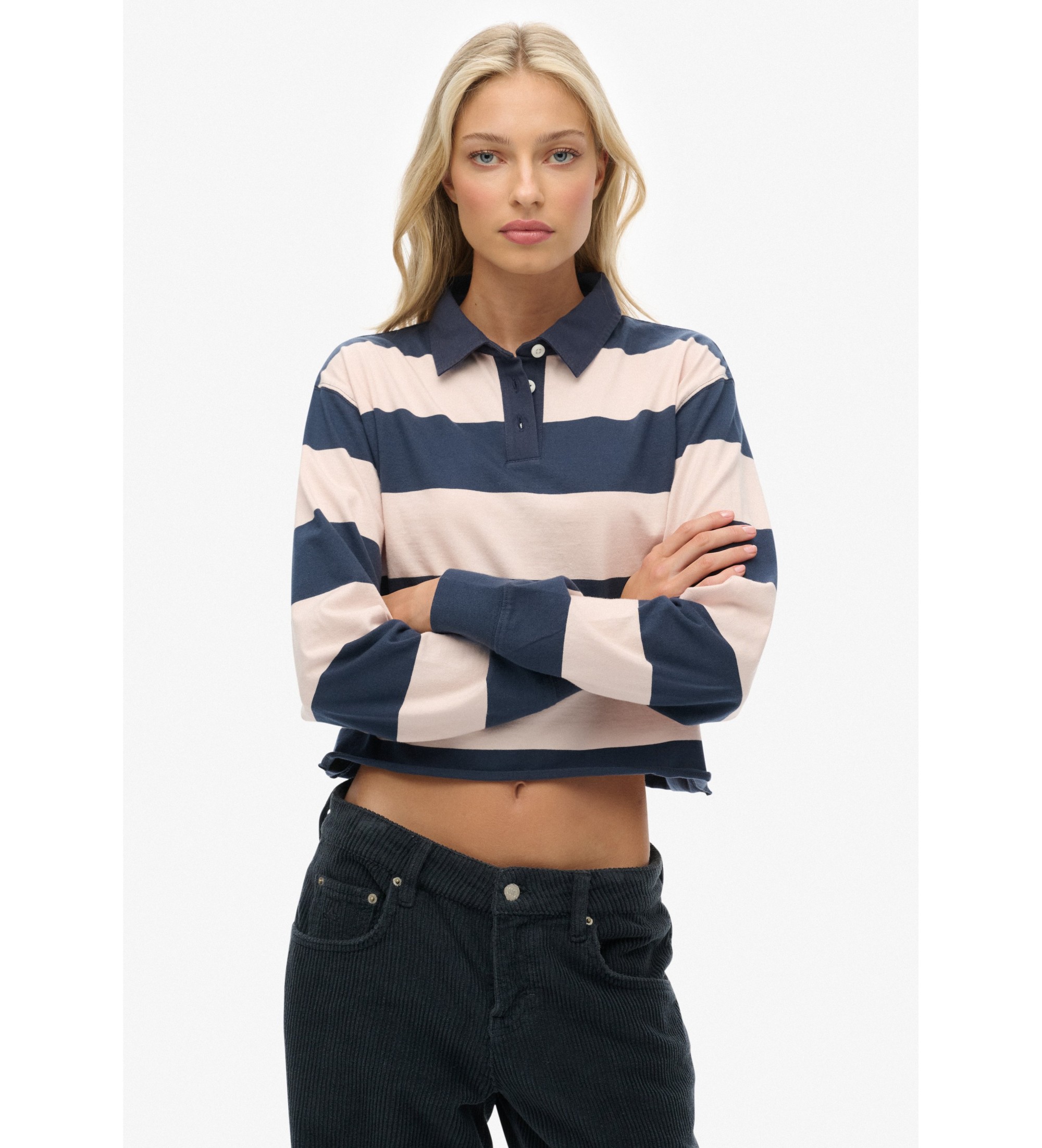Superdry für Damen. W6012175A Gestreiftes Rugby-Poloshirt in Rosa (XL), Lässig, Baumwolle, Langarm