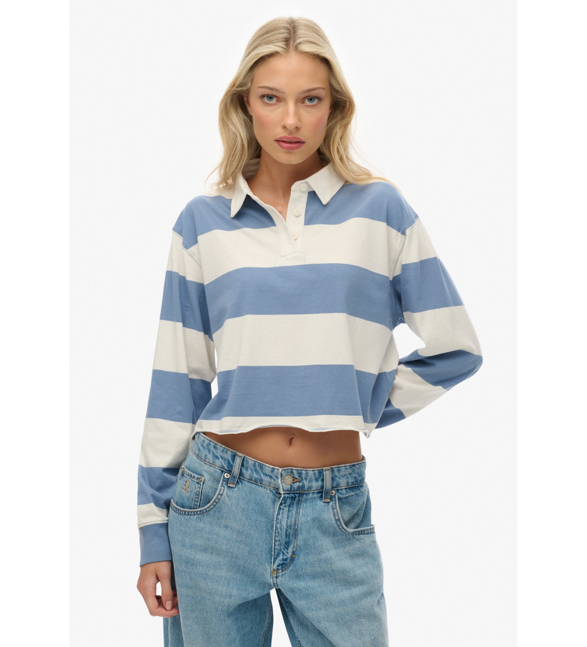 Superdry für Damen. W6012175A Gestreiftes Poloshirt Rugby blau (XL), Lässig, Baumwolle, Langarm