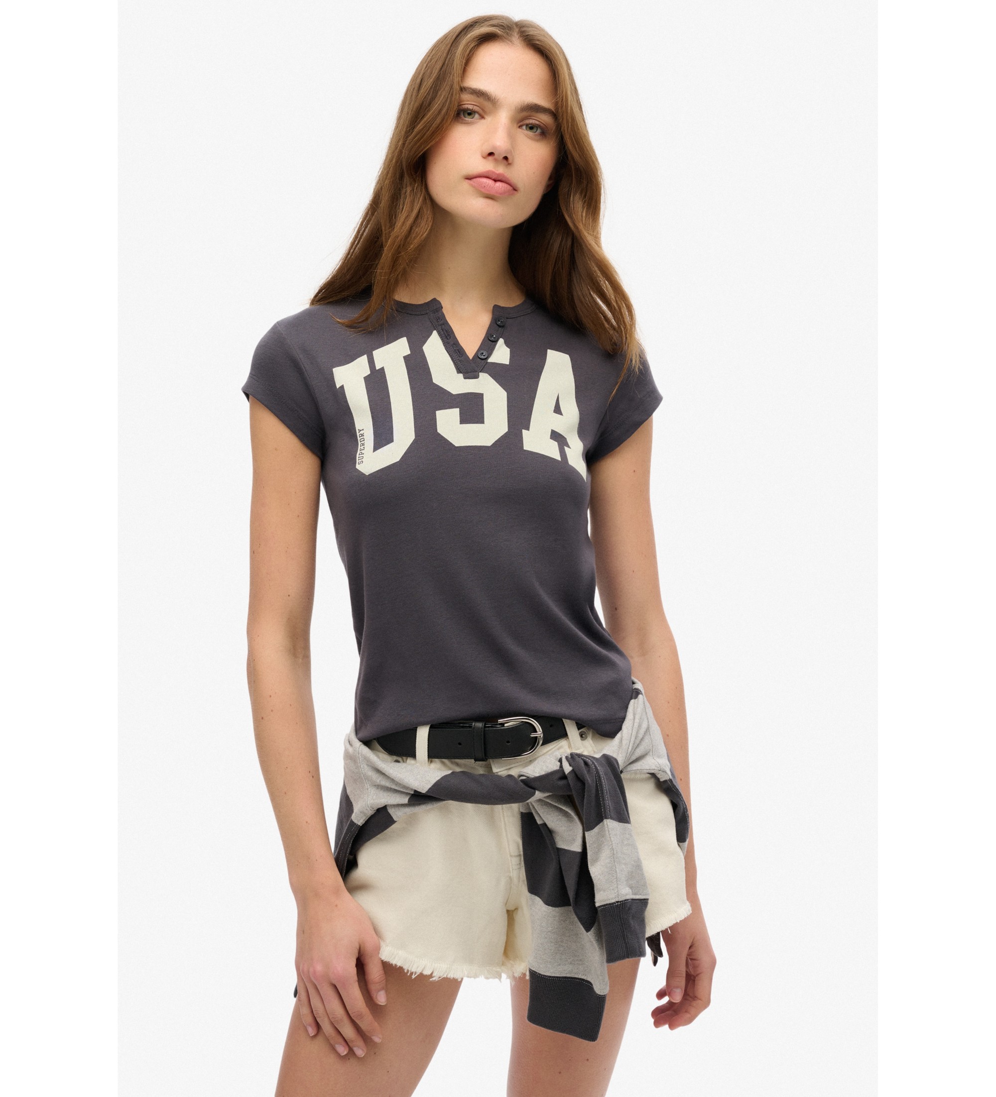 Superdry für Damen. W1011602A Graues Ath Ess-T-Shirt (M), Lässig, Baumwolle, Kurzarm