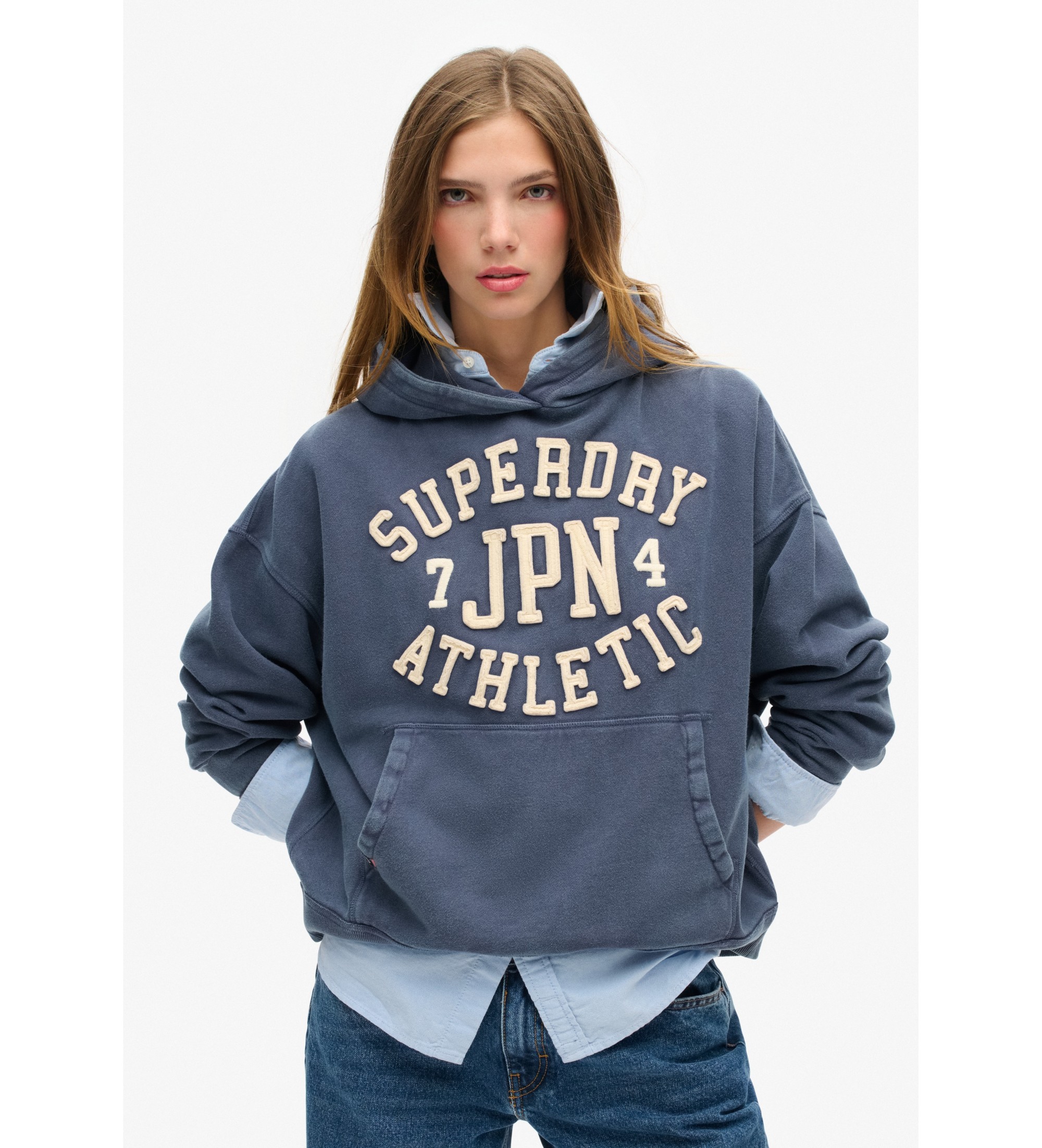 Superdry für Damen. W2012137A Athletic Essentials Sweatshirt mit Kapuze in Übergröße navy (L), Lässig, Baumwolle, Marine