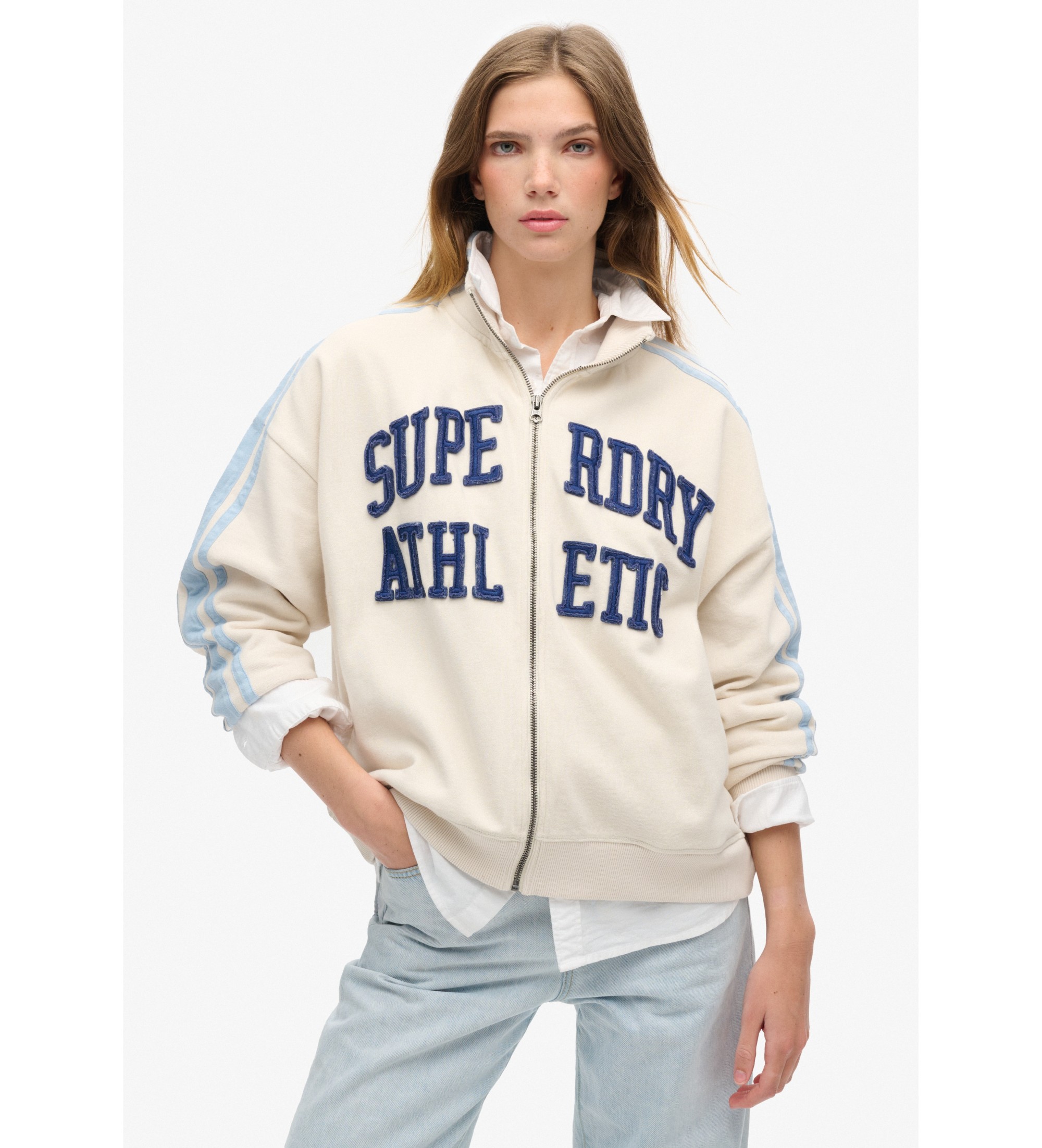 Superdry für Damen. W2012163A Athletic Applq Lose Zip Track Sweatshirt beige (M), Lässig, Baumwolle