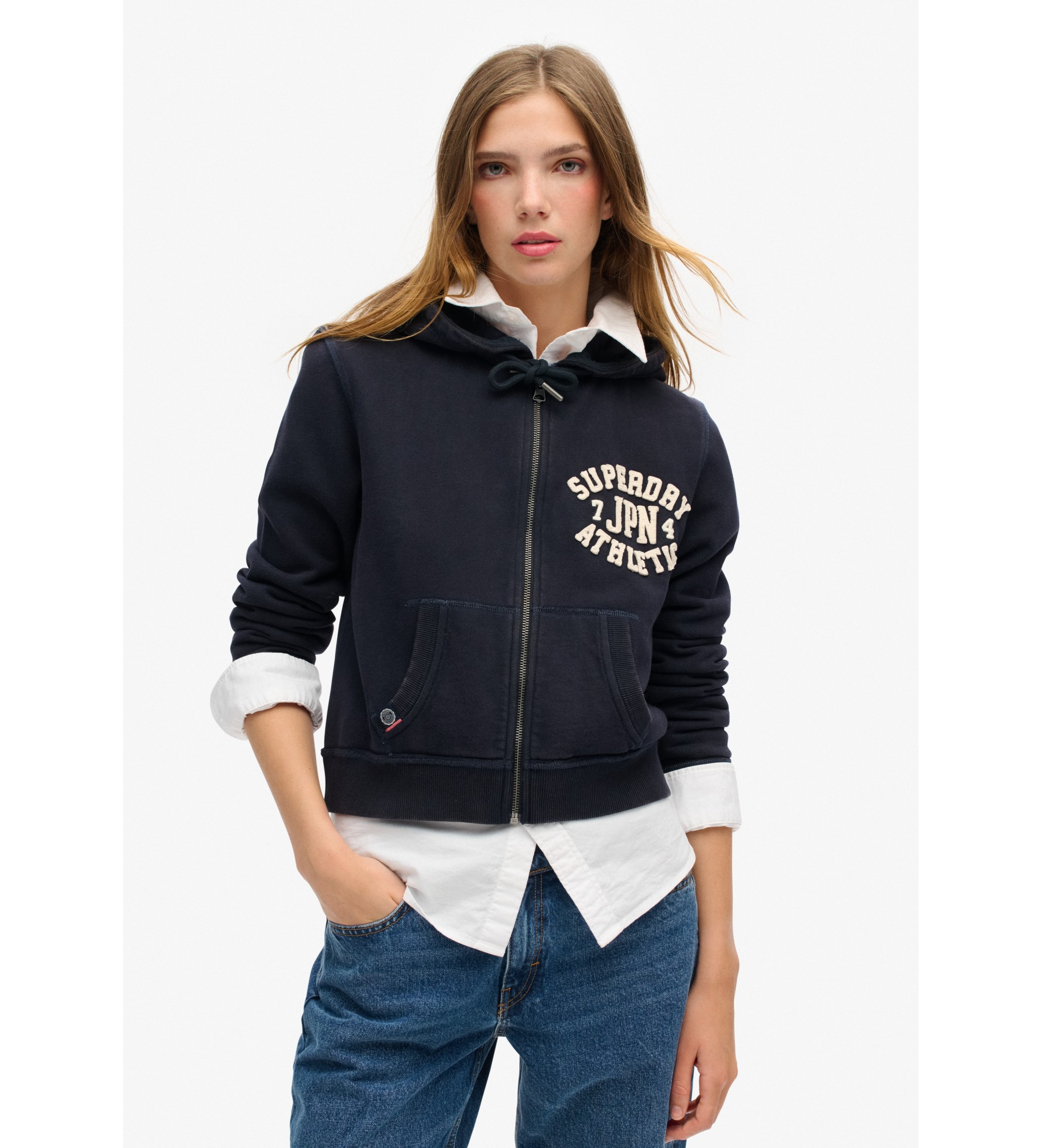 Superdry für Damen. W2012164A Entspanntes navyfarbenes Sweatshirt (XL), Lässig, Baumwolle, Marine