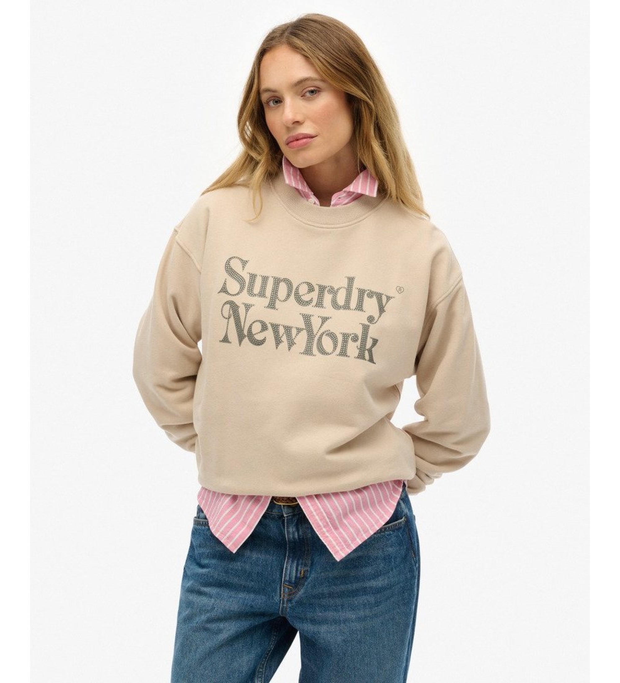 Superdry für Damen. W2012395A Marke Mark Lose beige Sweatshirt (M), Lässig, Baumwolle