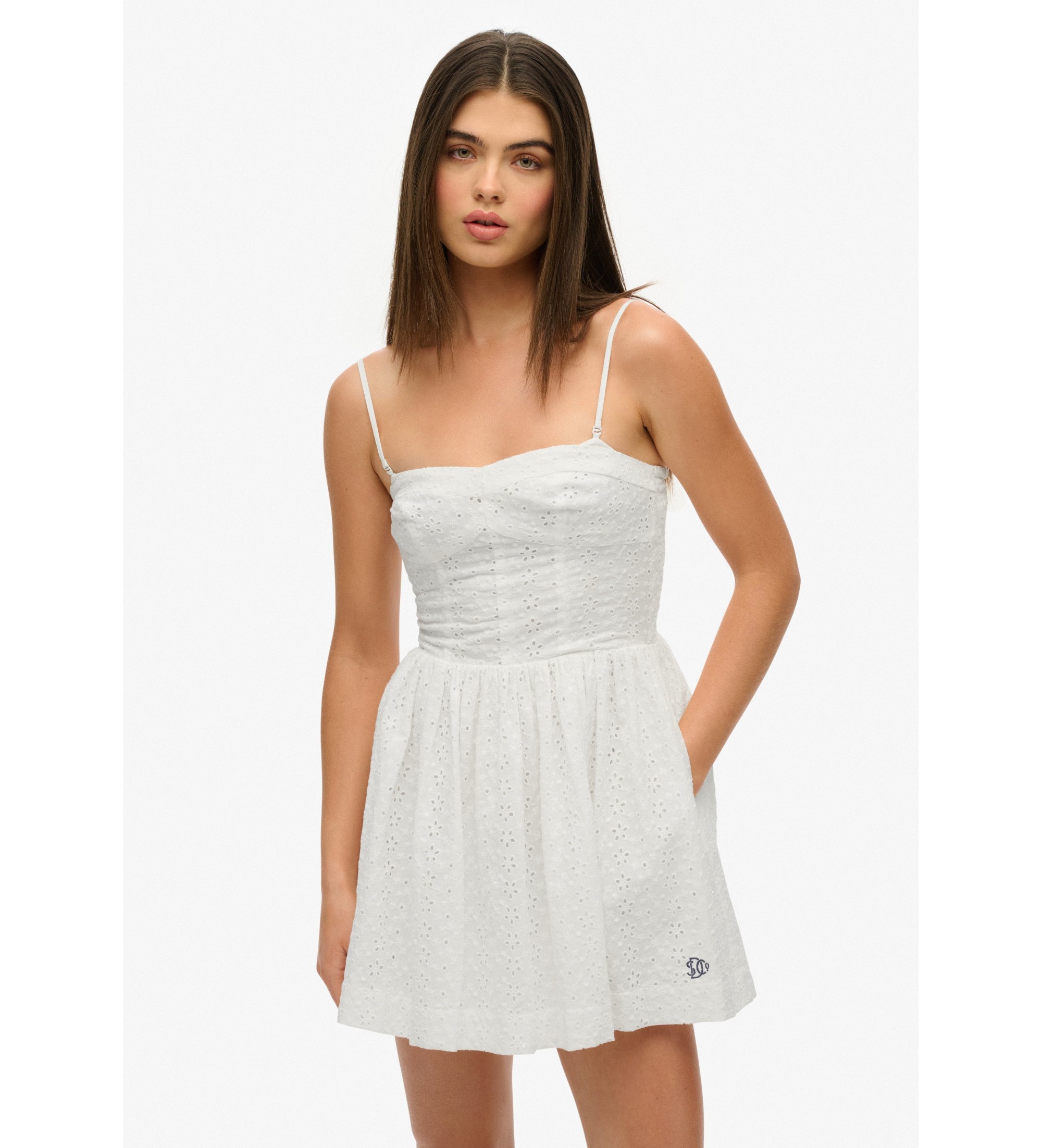 Superdry für Damen. W8012023A Broderie Cami Minikleid weiß (M), Lässig, Baumwolle, Ärmellos / Hosenträger