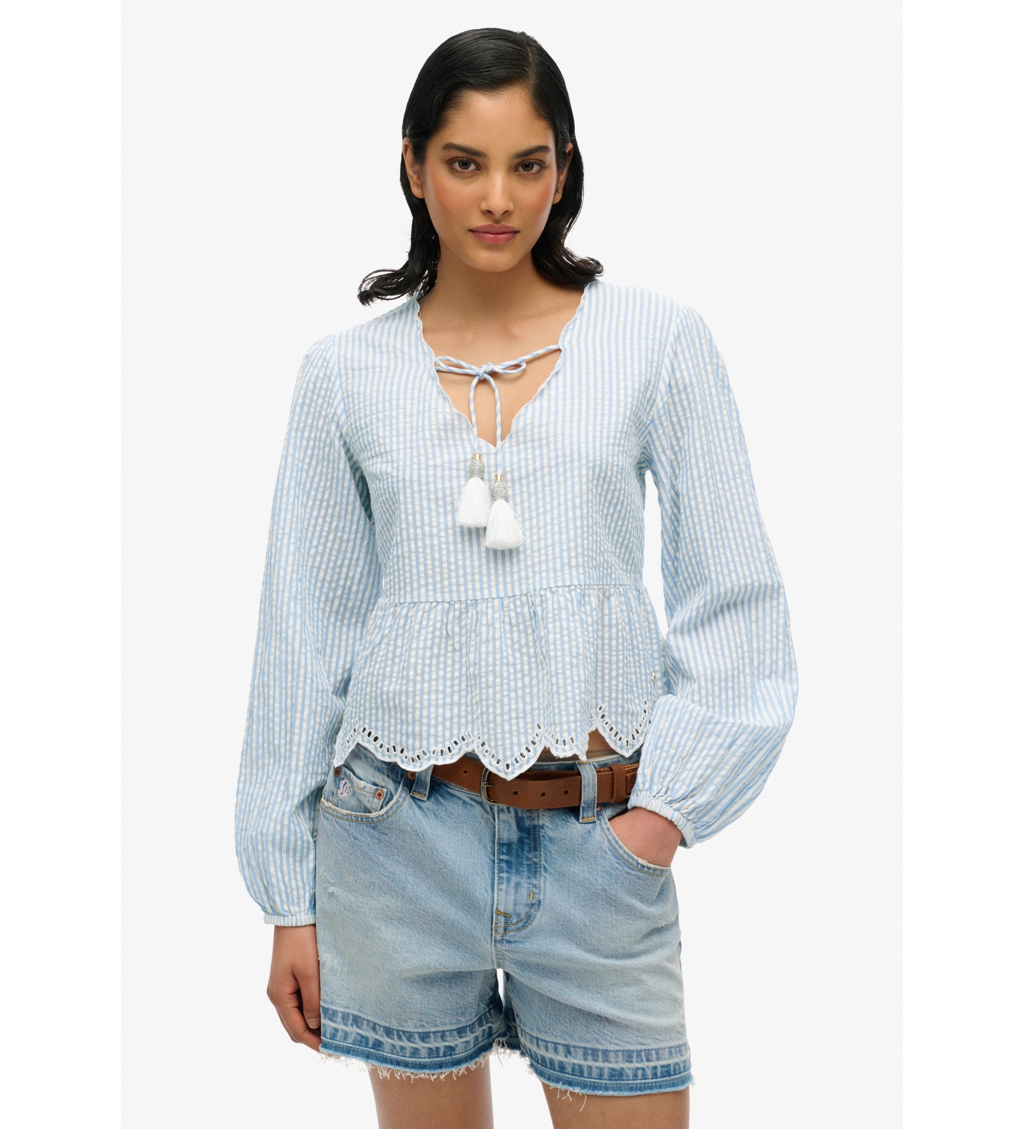 Superdry für Damen. W6012100A Broderie-Bluse blau (S), Lässig, Baumwolle, Langarm