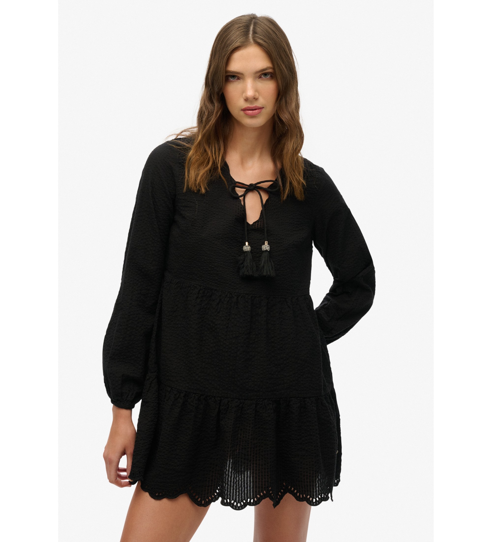 Superdry für Damen. W8011914A Broderie kurzes Kleid schwarz (L), Lässig, Synthetisch, Langarm