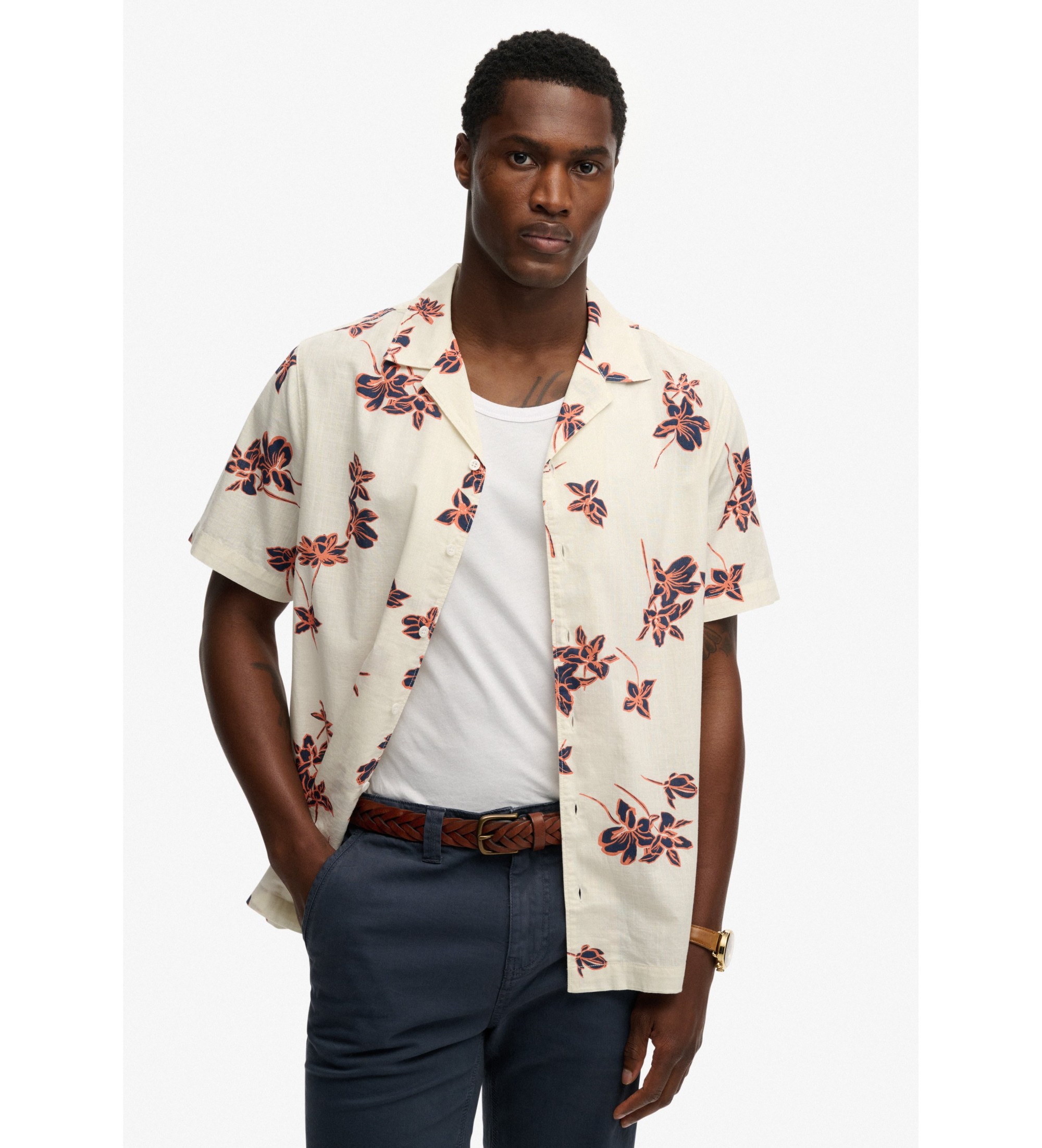 Superdry für Herren. M4011136A Cabana Poolside Hemd weiß (L), Lässig, Baumwolle, Kurzarm
