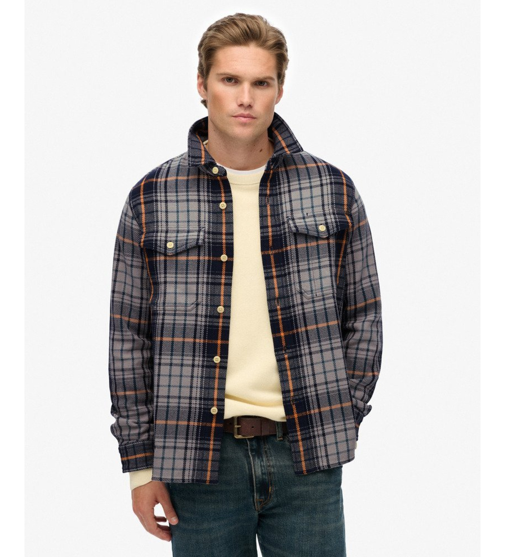 Superdry für Herren. M4011018A Schweres blau kariertes Hemd (XL), Lässig, Baumwolle, Langarm