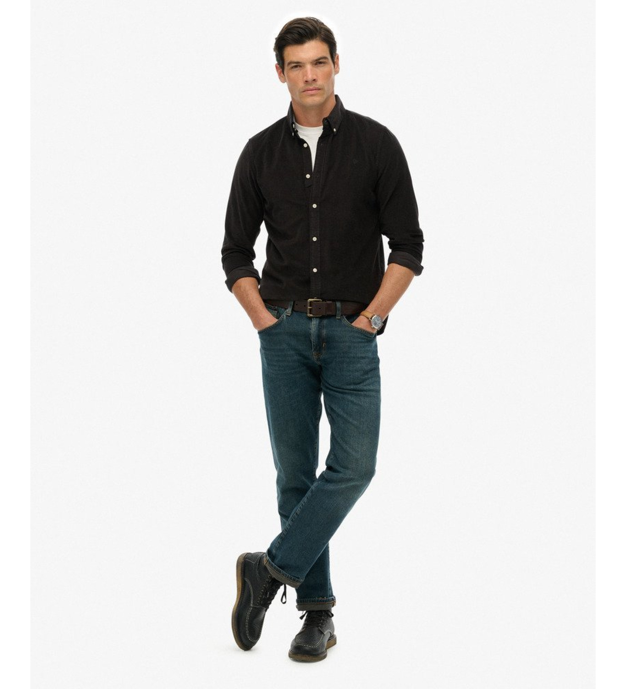 Superdry für Herren. M4011044A Classic Needle Cord Hemd schwarz (S), Lässig, Baumwolle, Langarm