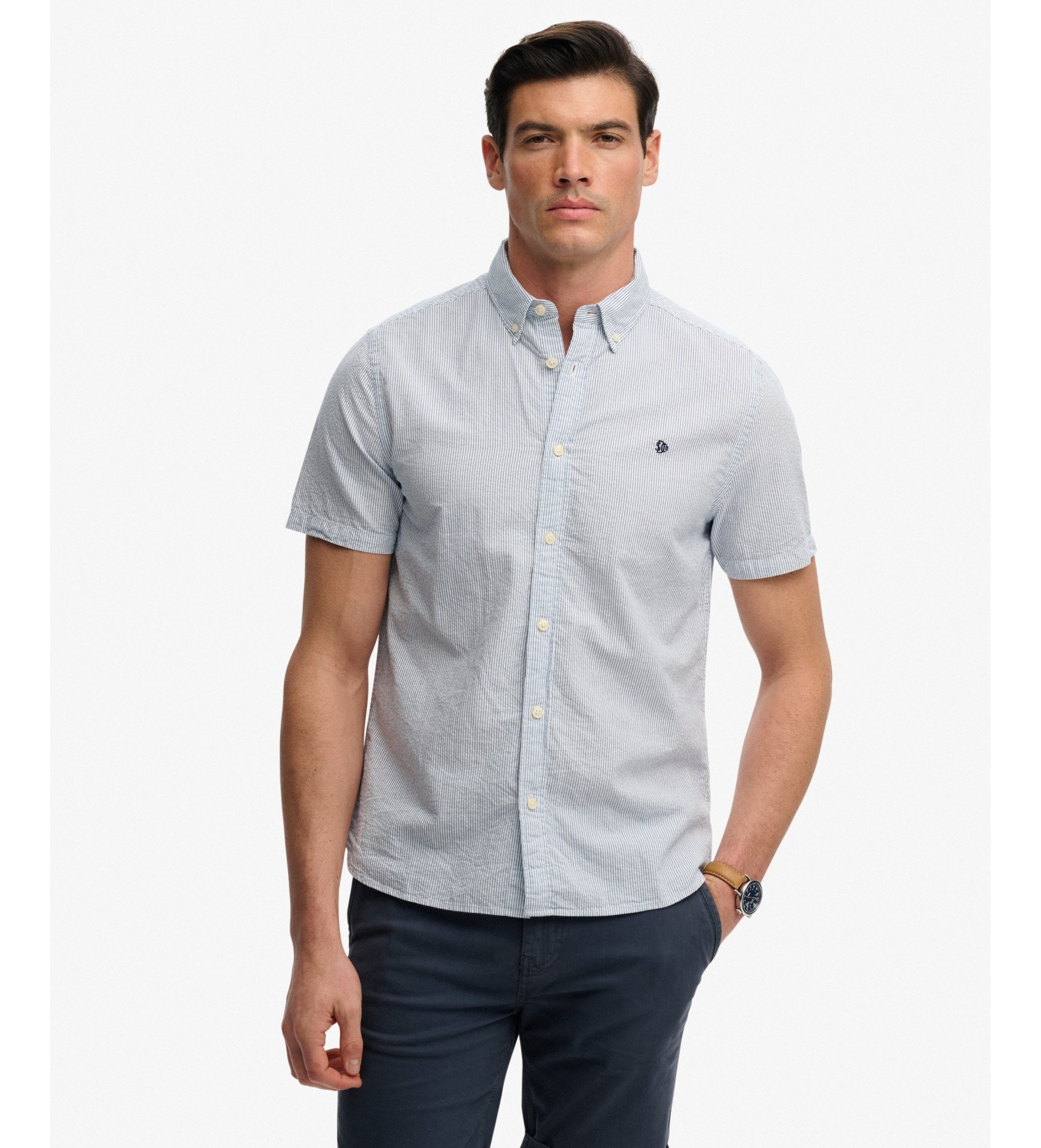 Superdry für Herren. M4011102A Klassisches blaues Seersucker-Hemd (M), Lässig, Baumwolle, Kurzarm