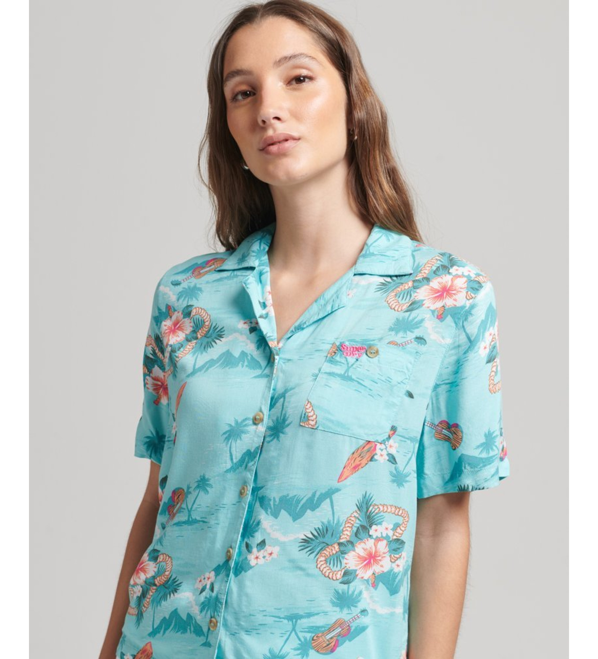Superdry für Damen. W4010371A Vintage Logo Beach Resort Logo Shirt türkis (XXS), Lässig, Viskose, Kurzarm