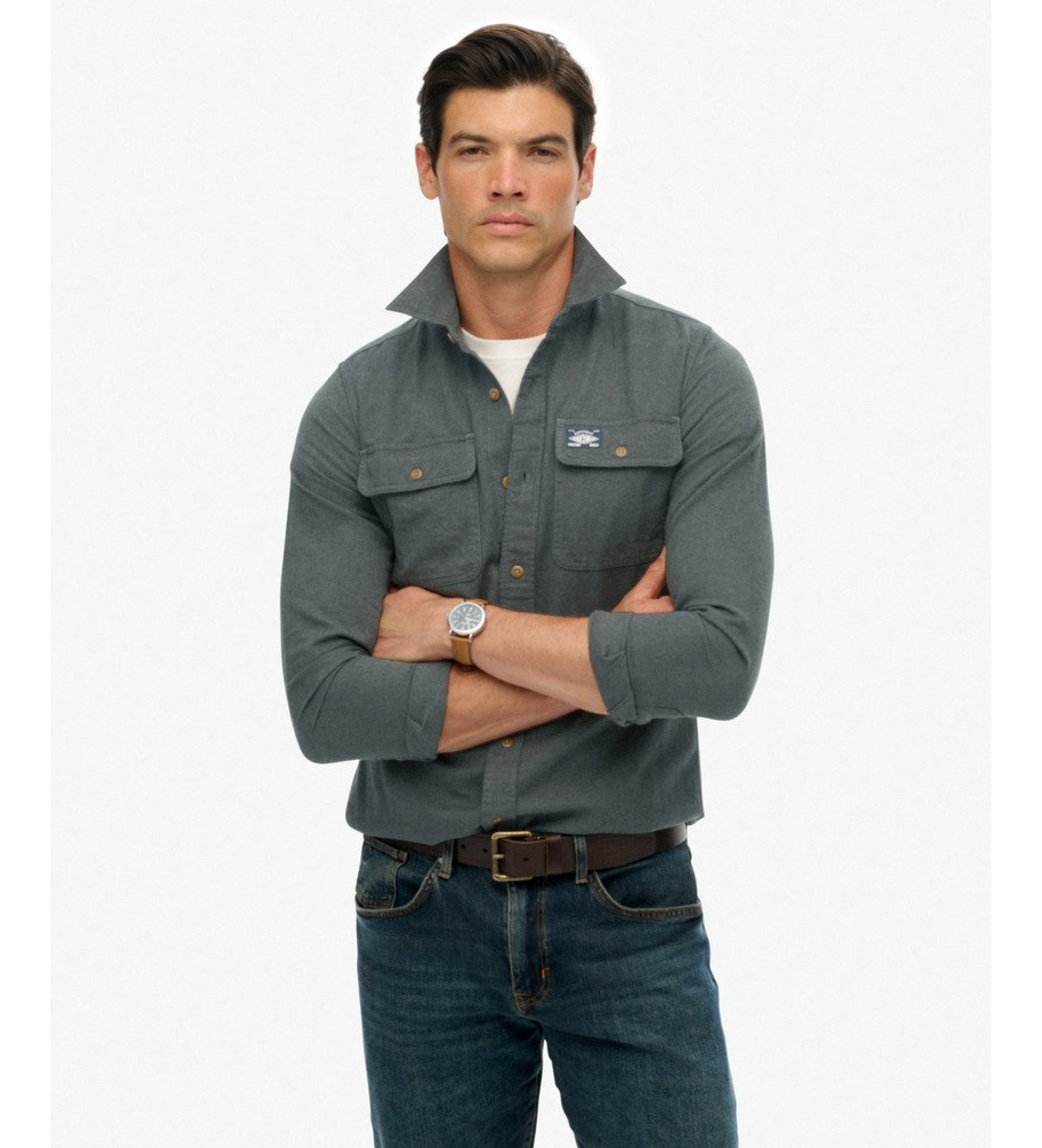 Superdry für Herren. M4010723A Flanell-Arbeitshemd grau-grün (XXL), Lässig, Baumwolle, Langarm