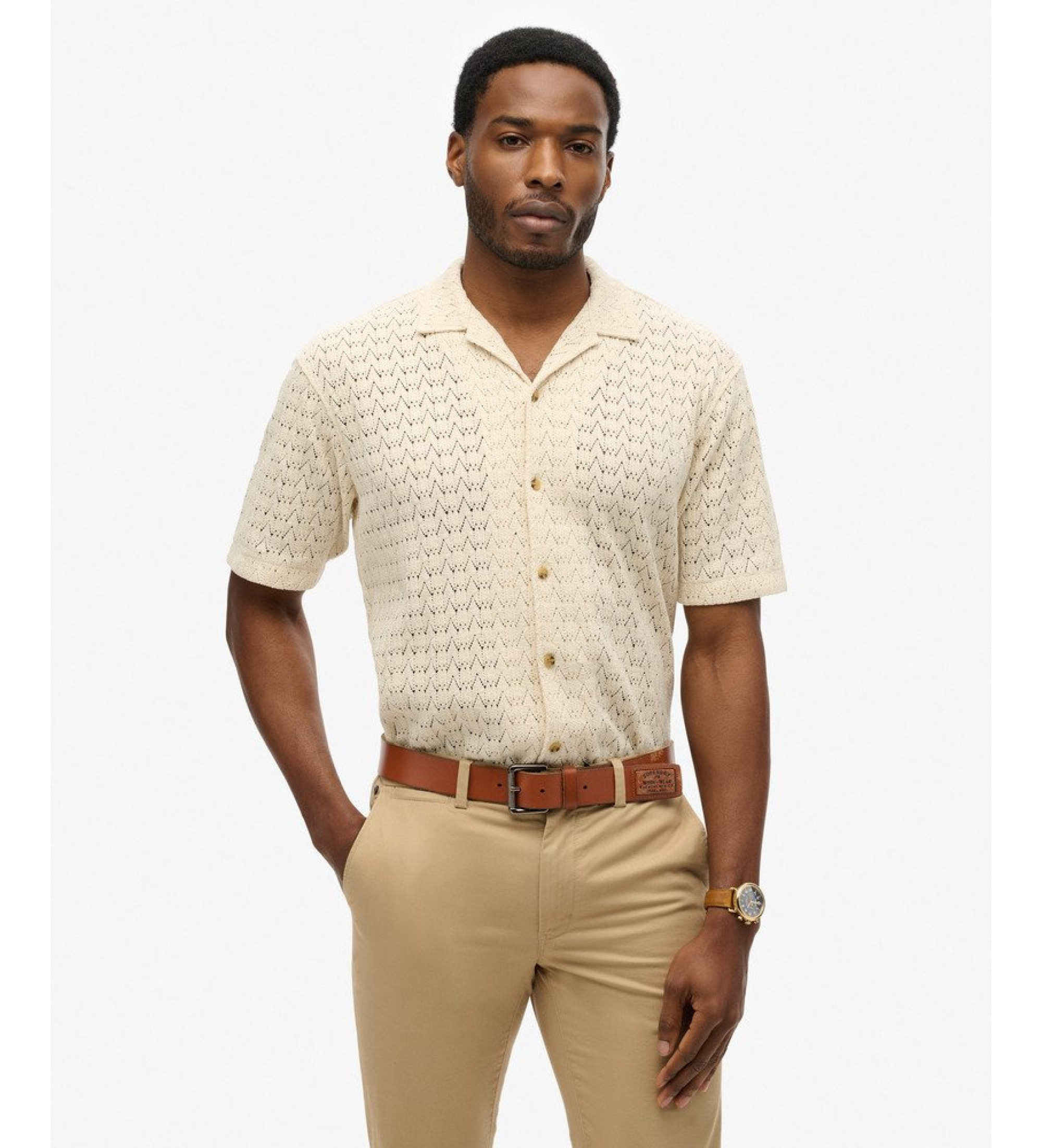 Superdryvoor mannen. M4011058A Gebreid structuur shirt beige (L), Casual, Katoen, Korte mouwen