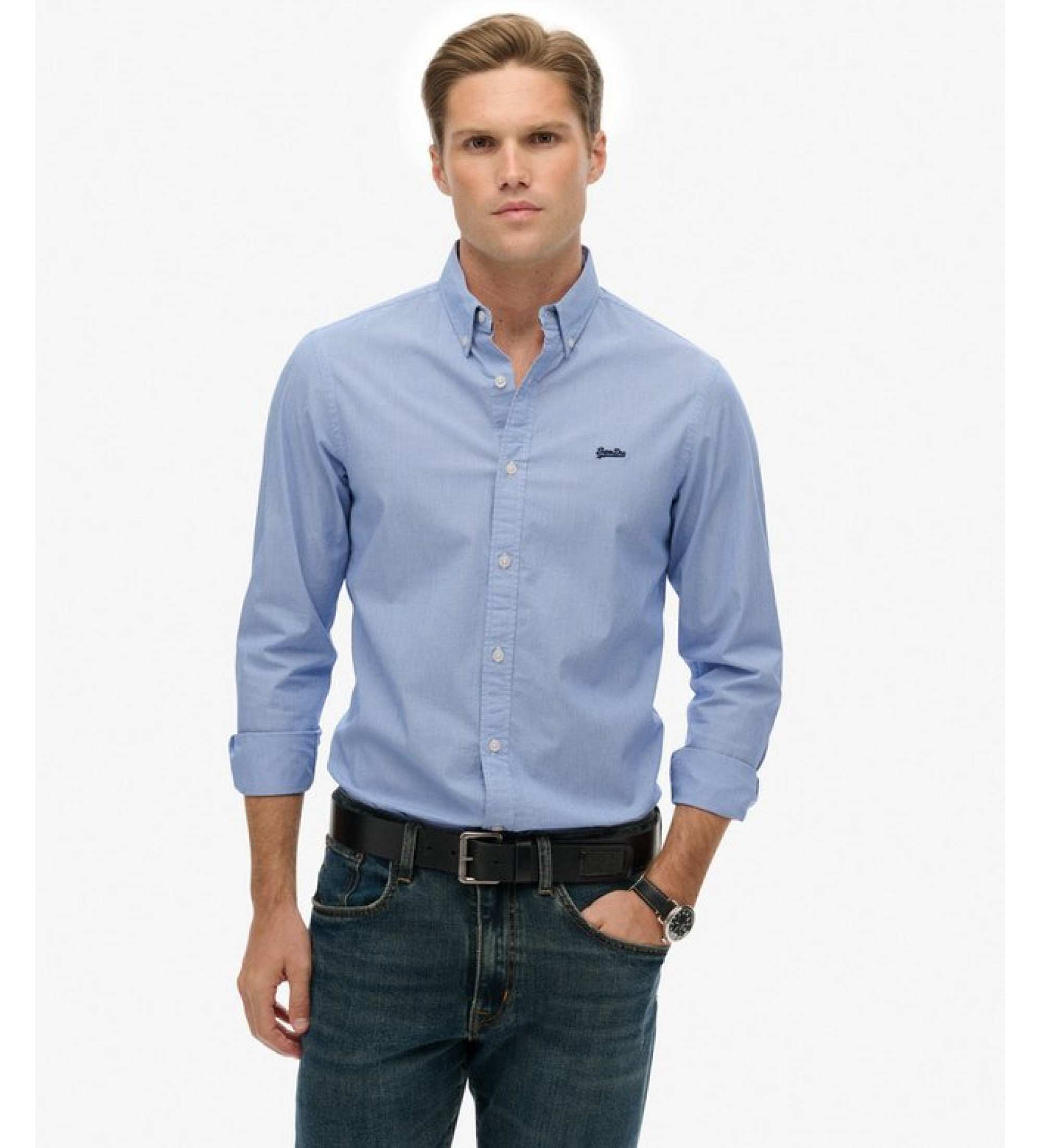 Superdryvoor mannen. M4011064A Essentials Lichtgewicht Slim Fitted Overhemd blauw (S), Casual, Katoen, Lange mouwen