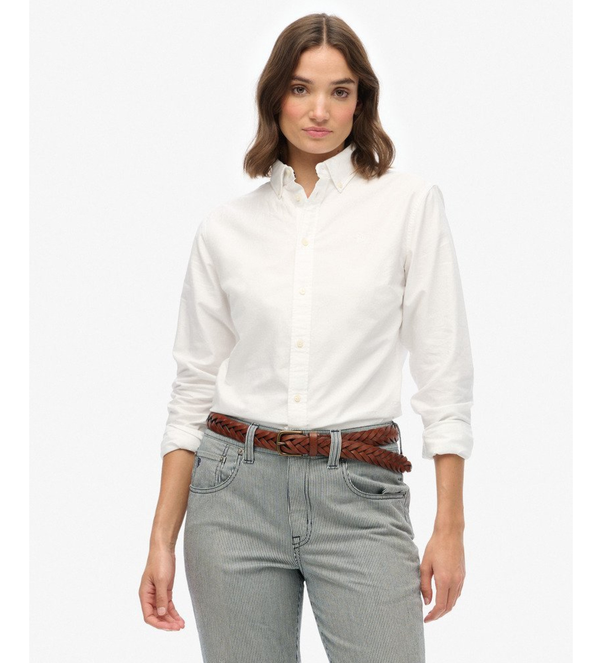 Superdry für Damen. W4010565A Schmal geschnittenes Oxford-Hemd weiß (XS), Lässig, Baumwolle, Langarm
