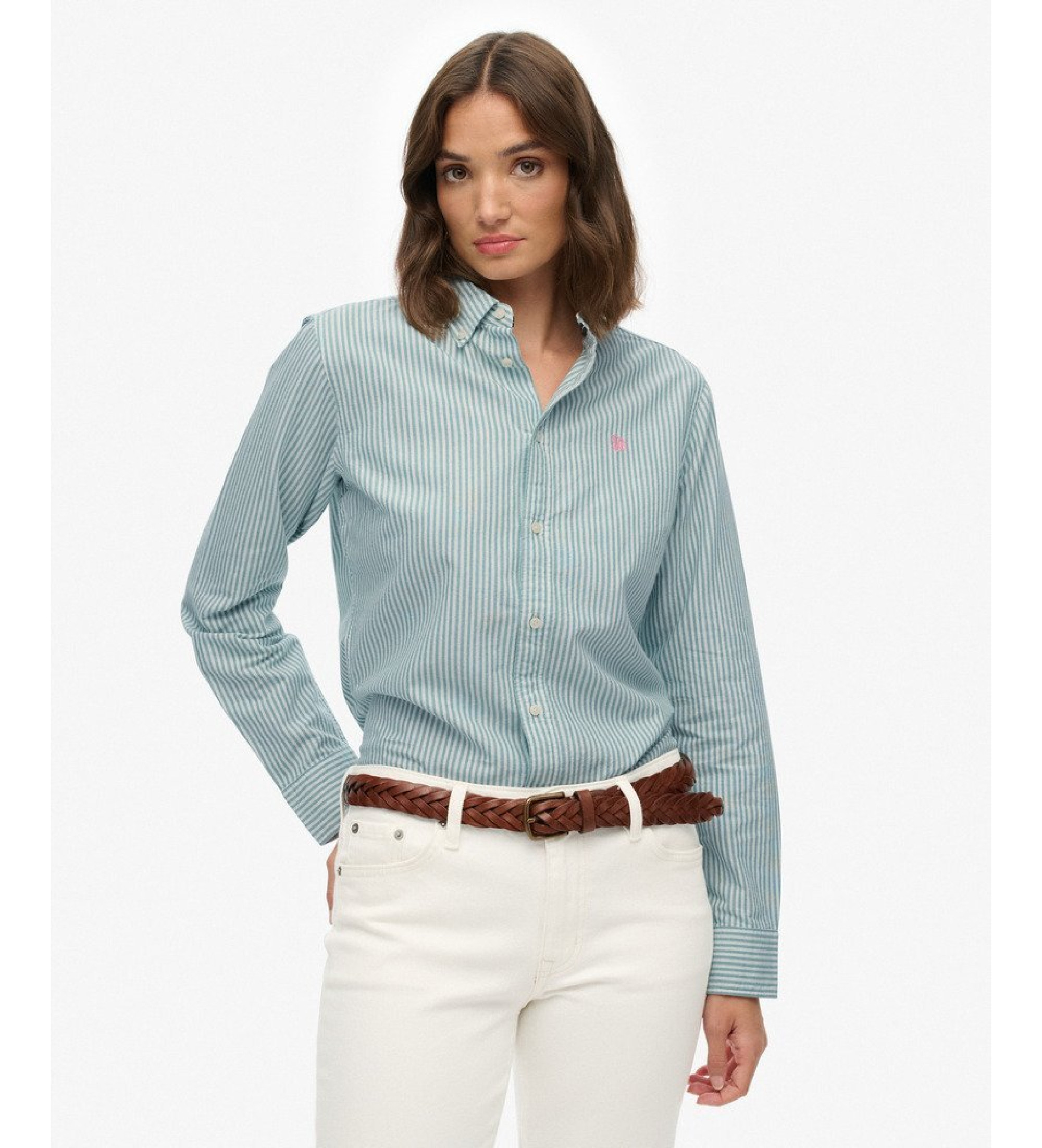 Superdry für Damen. W4010565A Slim Fit Oxford Hemd türkis (L), Lässig, Grün, Baumwolle, Klassisch, Langarm