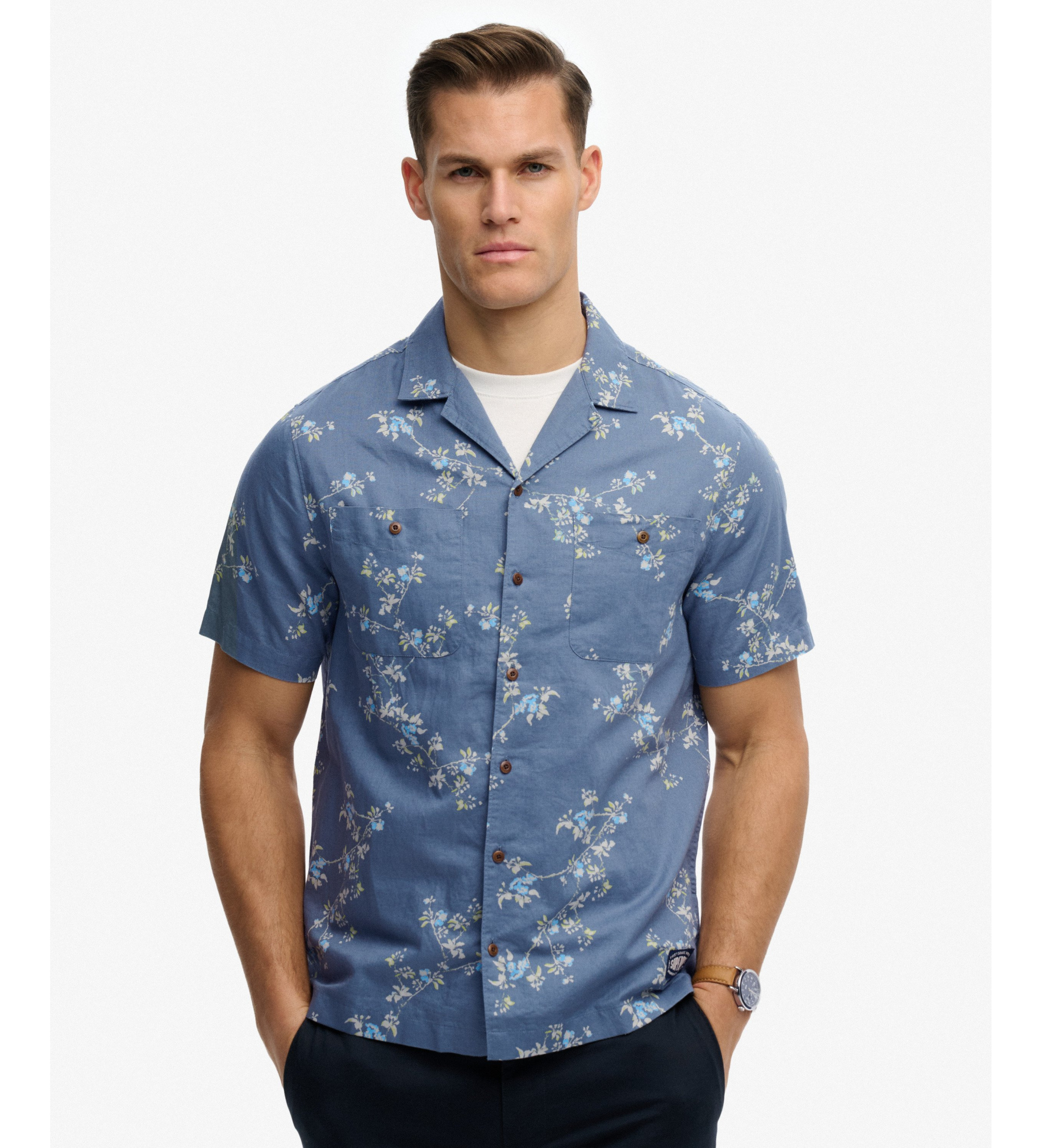 Superdry für Herren. M4011130A Bedrucktes Hemd blau (XL), Lässig, Baumwolle, Kurzarm