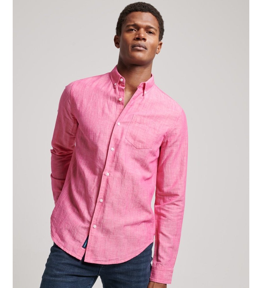 Superdry für Herren. M4010696A Studios Leinen & Bio-Baumwolle Button-Down-Kragenhemd rosa (S), Lässig, Langarm