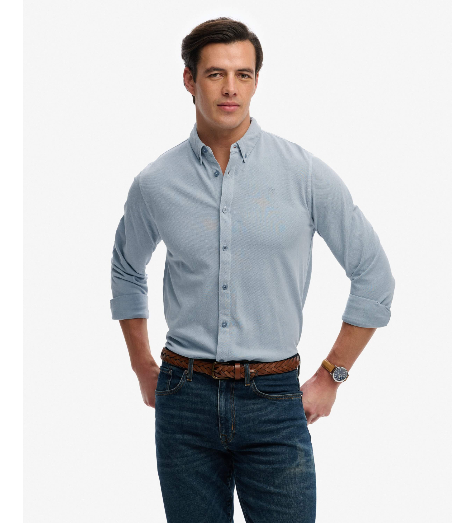 Superdry für Herren. M4011111A Vintage Destroy Pique Hemd blau (XL), Lässig, Baumwolle, Langarm