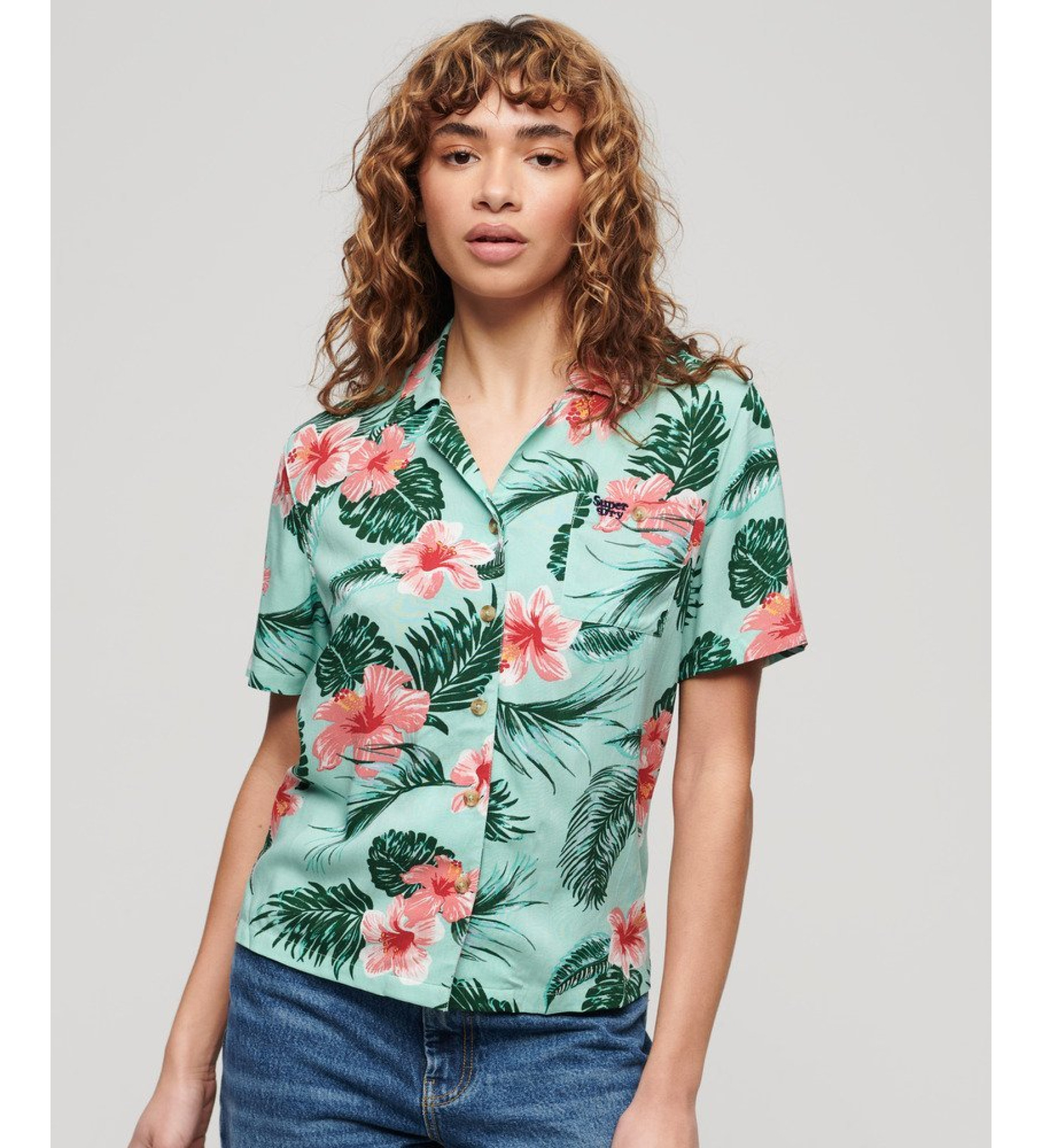 Superdryvoor vrouwen. W4010419A Beach Resort groen overhemd (S), Casual, Viscose, Korte mouwen