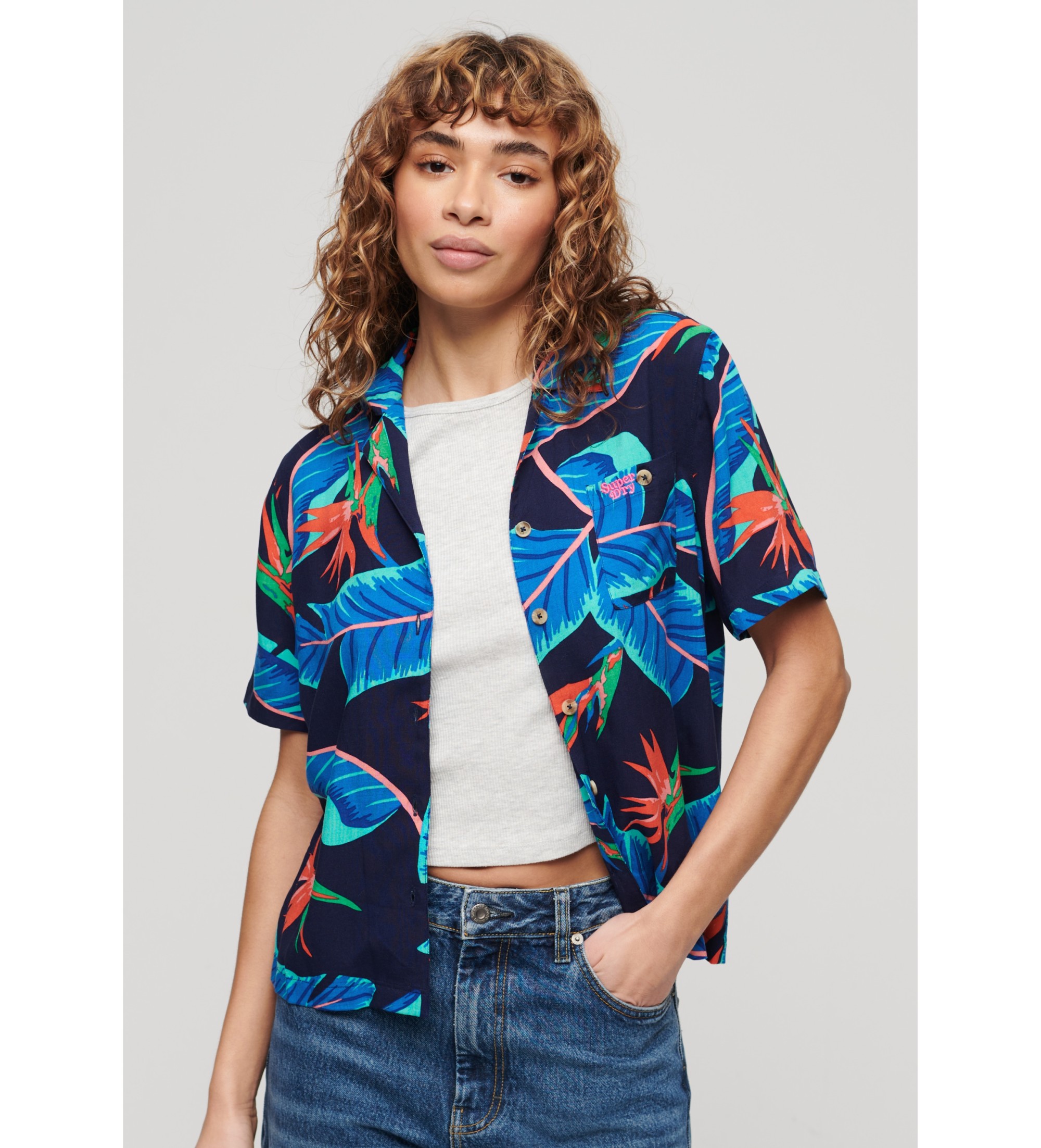 Superdryvoor vrouwen. W4010419A Beach Resort overhemd marine (XL), Casual, Viscose, Korte mouwen, Marineblauw