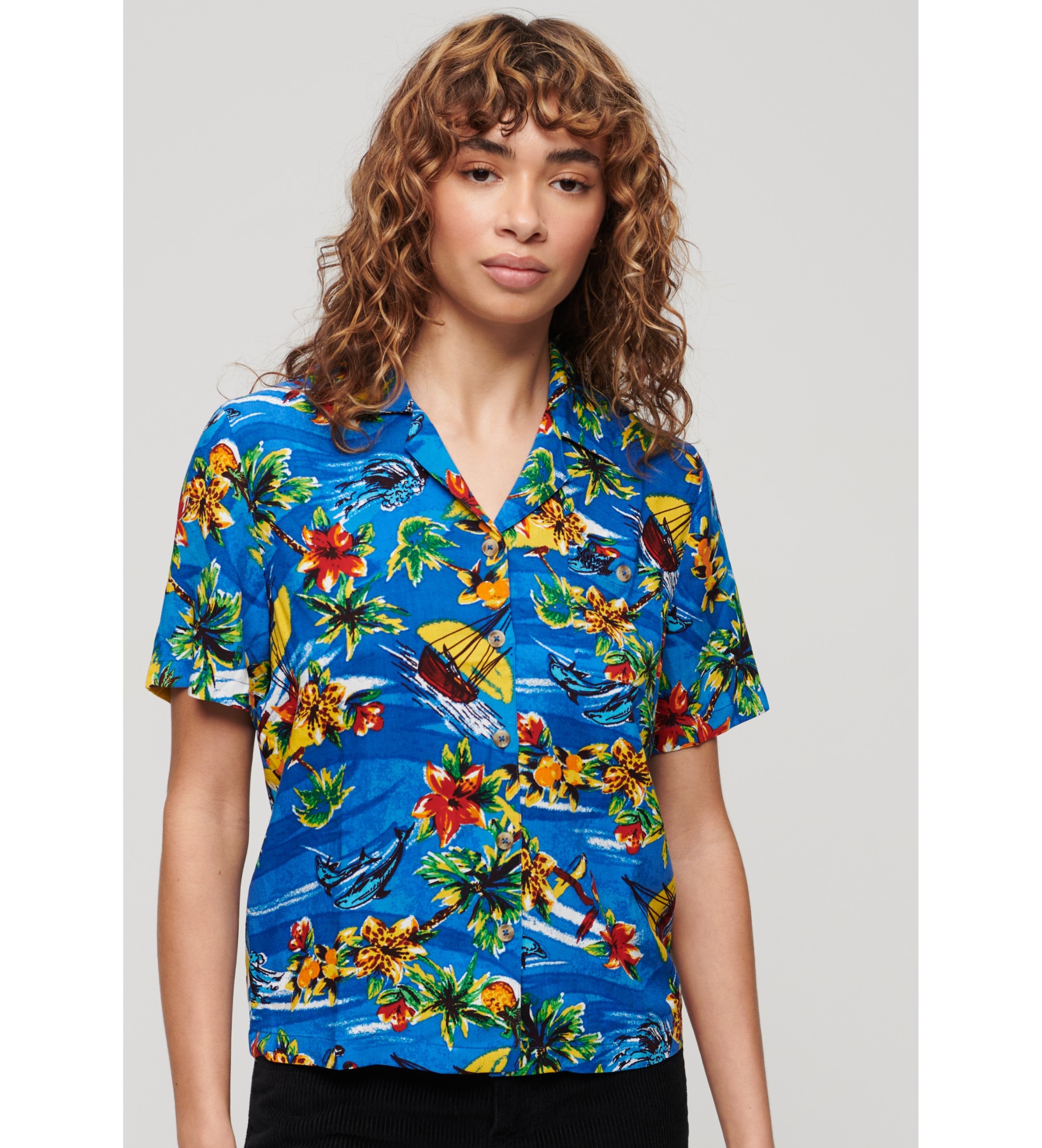 Superdryvoor vrouwen. W4010419A Beach Resort overhemd blauw (M), Casual, Viscose, Korte mouwen