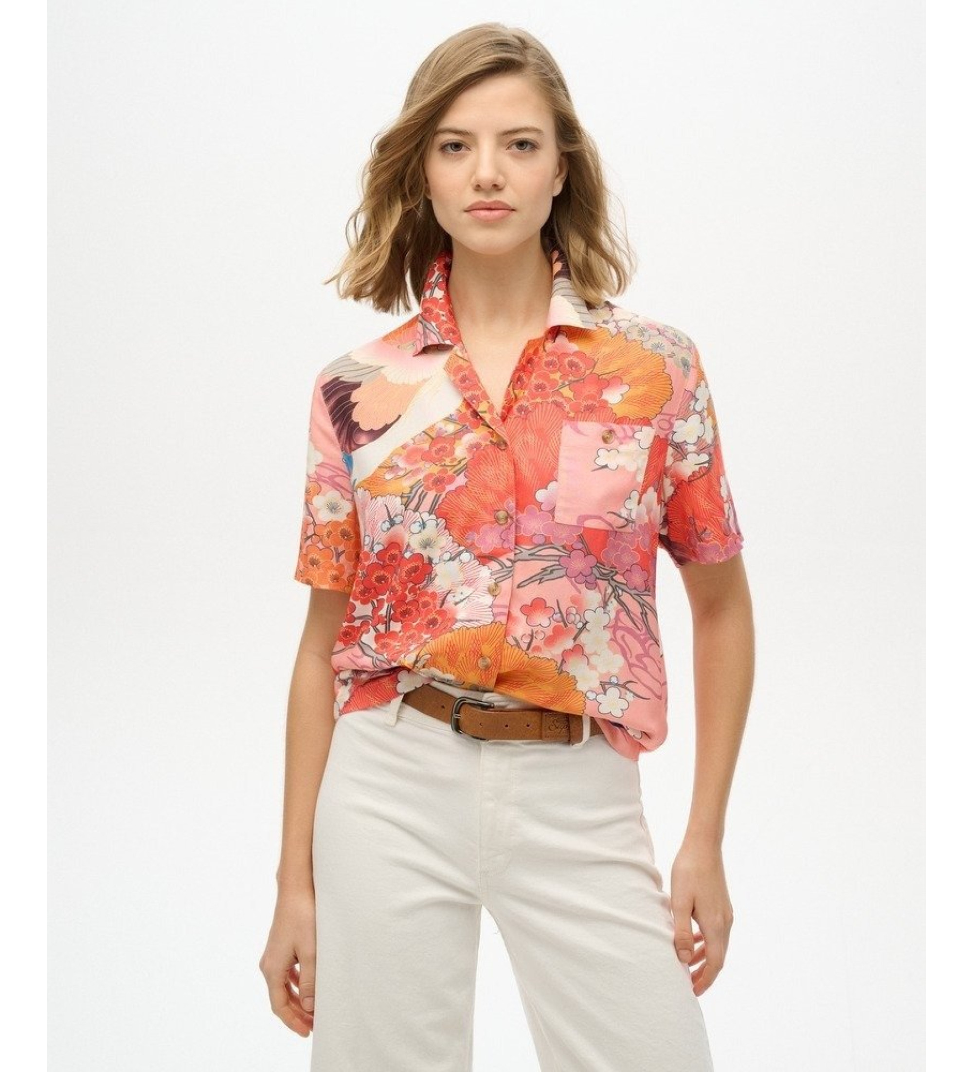 Superdryvoor vrouwen. W4010464A Overhemd Coral Beach Resort (XS), Casual, Viscose, Lange mouwen, Koraal