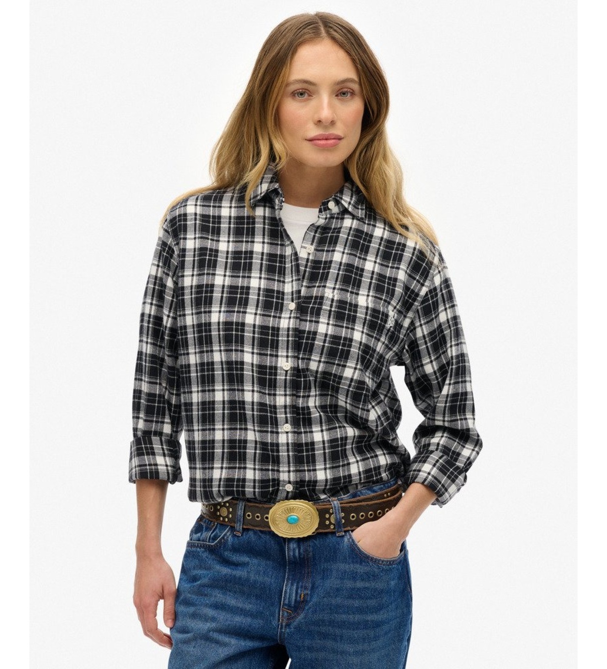 Superdry für Damen. W4010500A Schwarzes Boyfriend-Hemd aus kariertem Flanell (XS), Lässig, Baumwolle, Langarm