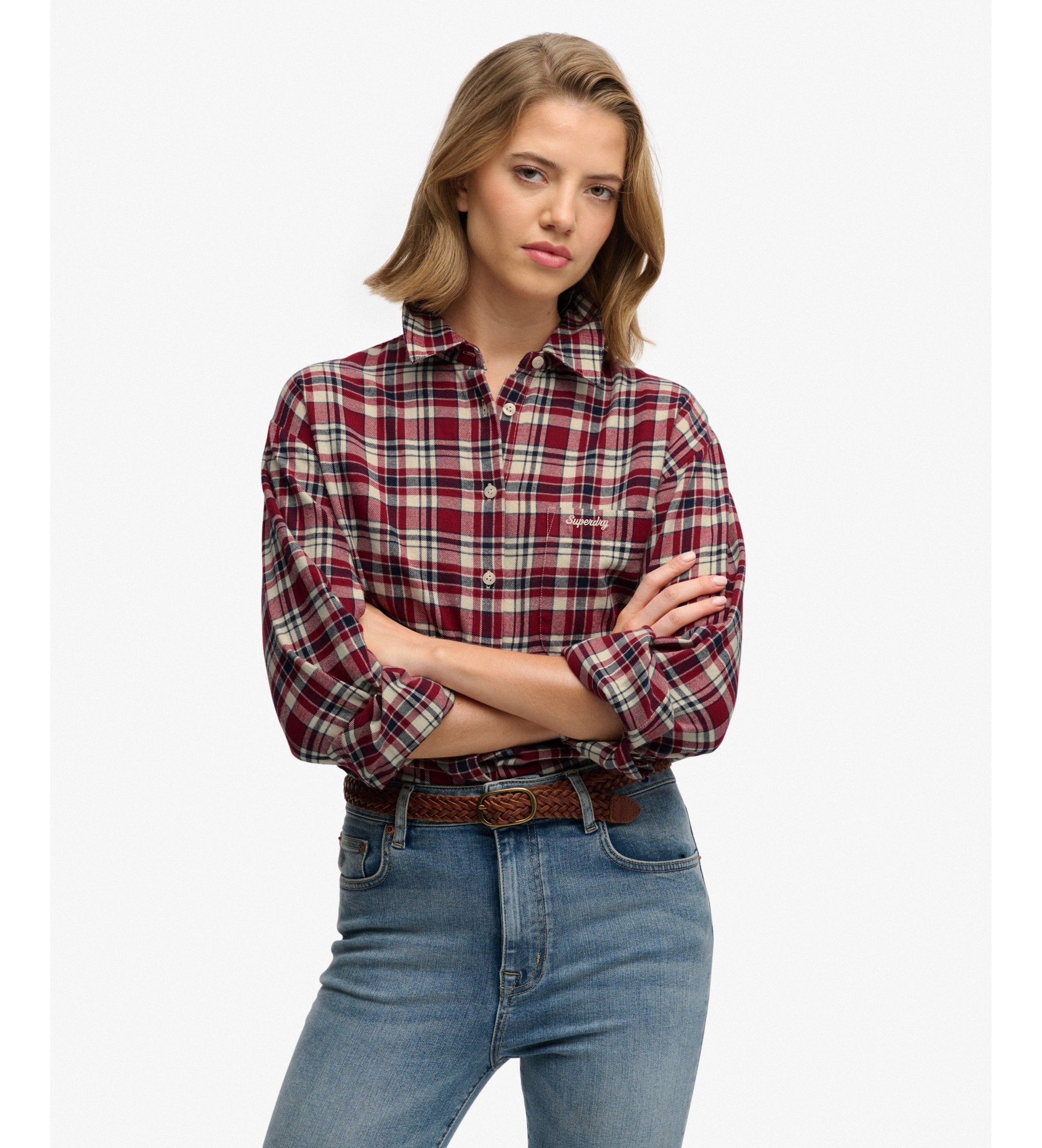 Superdry für Damen. W4010547A Hemd Check Flannel Relaxed weinrot (XS), Lässig, Baumwolle, Langarm, Bordeaux