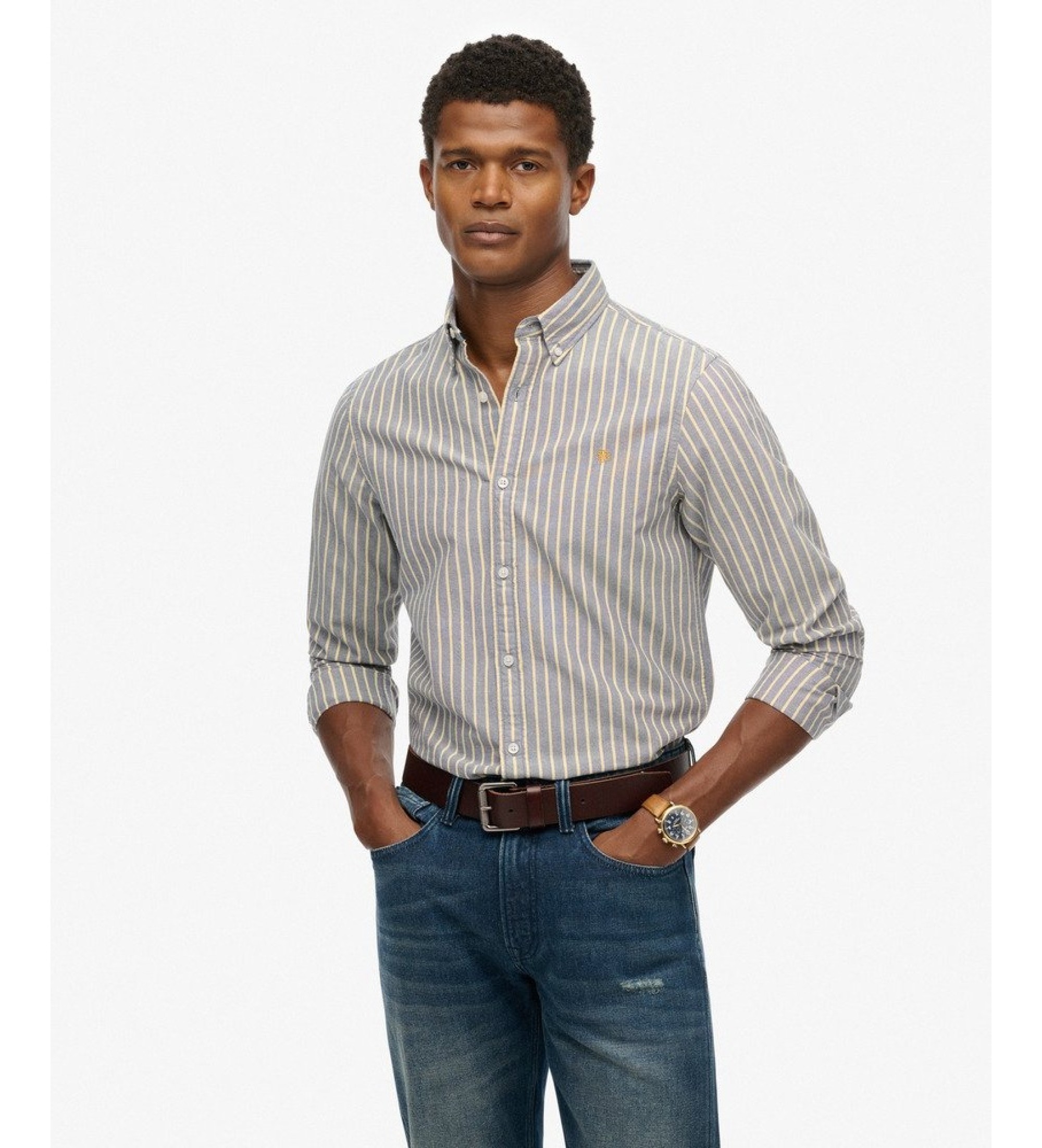 Superdry für Herren. M4011037A Klassisches Oxford-Hemd mit marineblauen Streifen (L), Lässig, Baumwolle, Langarm