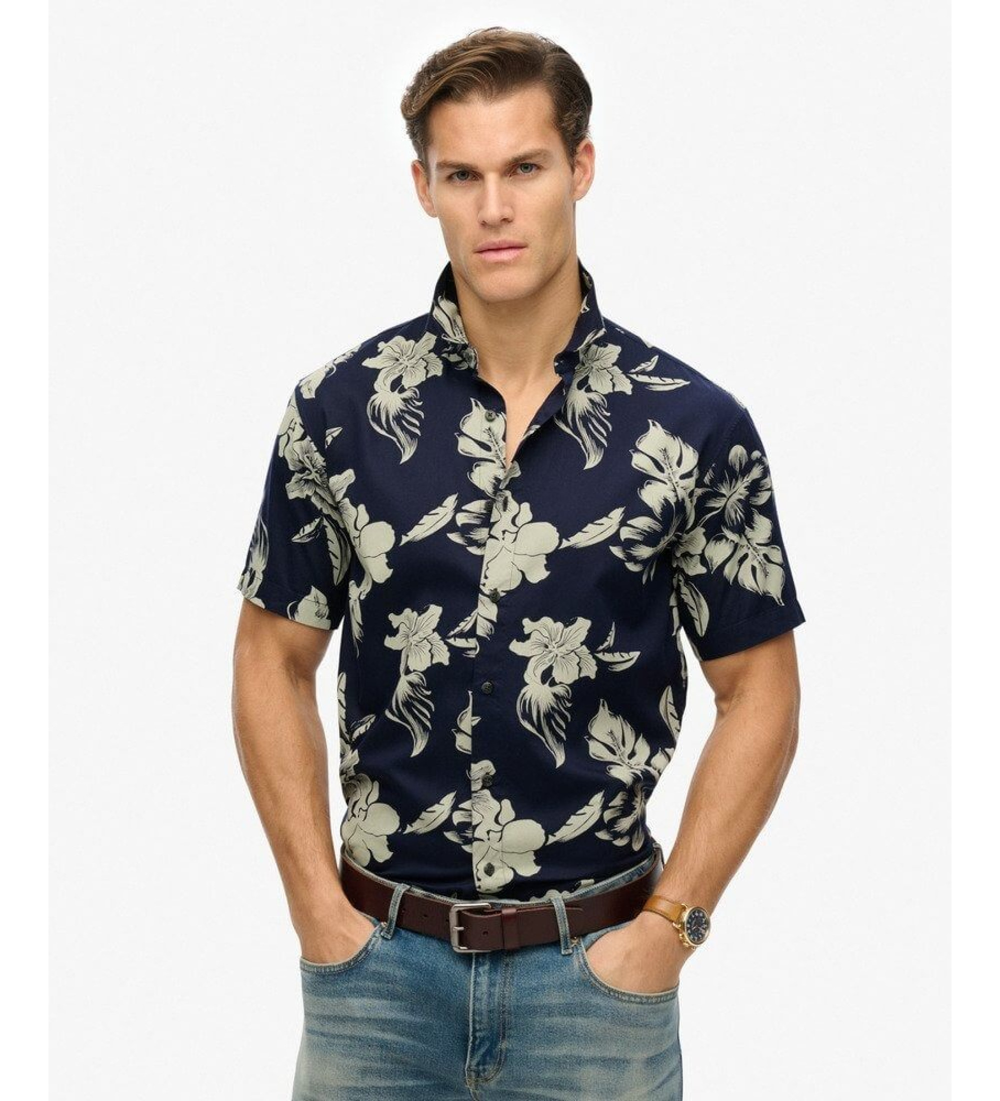 Superdry für Herren. M4010947A Blaues Hemd mit Hawaii-Print (L), Lässig, Modal, Kurzarm, Marine