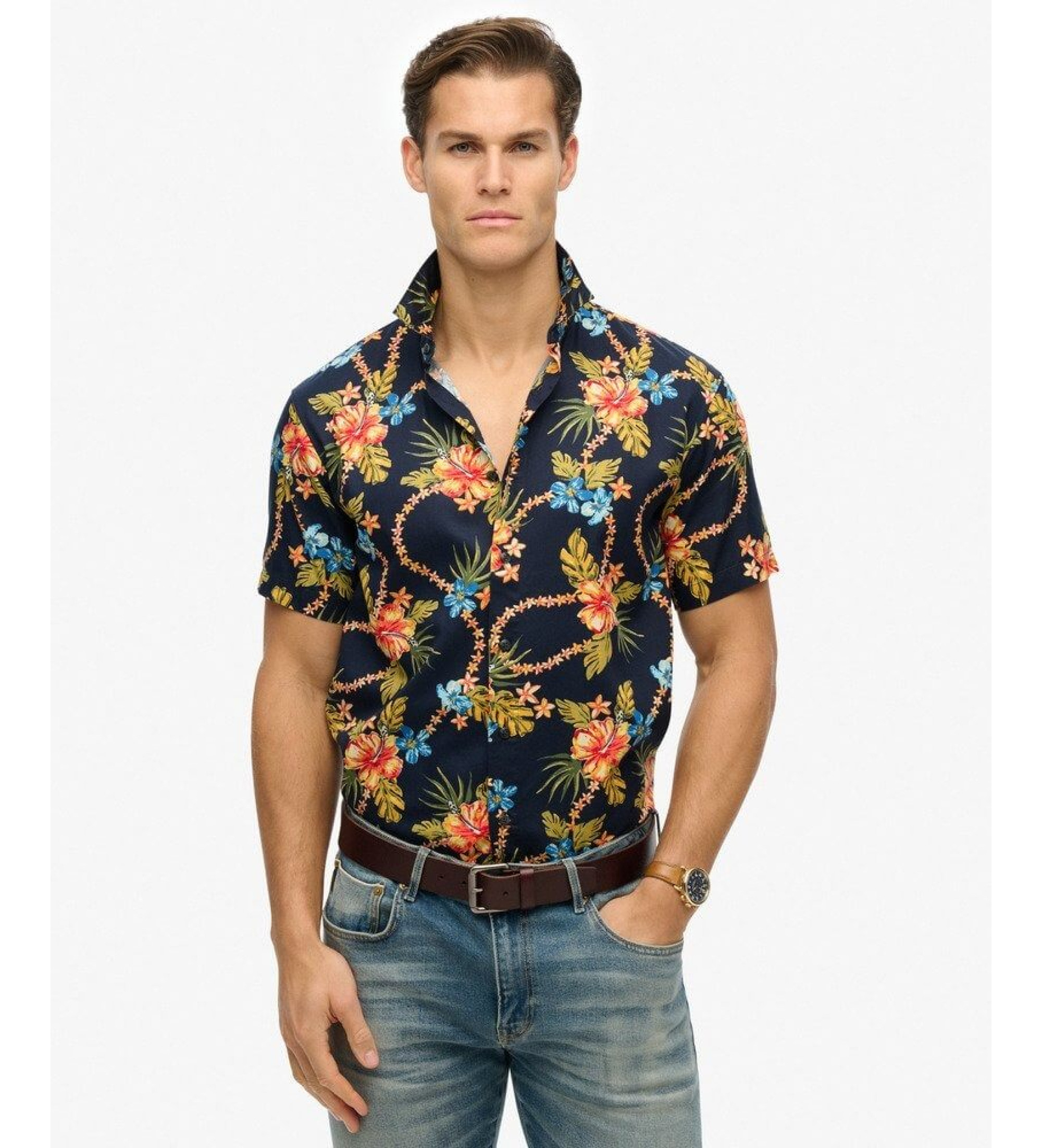 Superdry für Herren. M4010947A Marineblaues Hemd mit Hawaii-Print (S), Lässig, Modal, Kurzarm