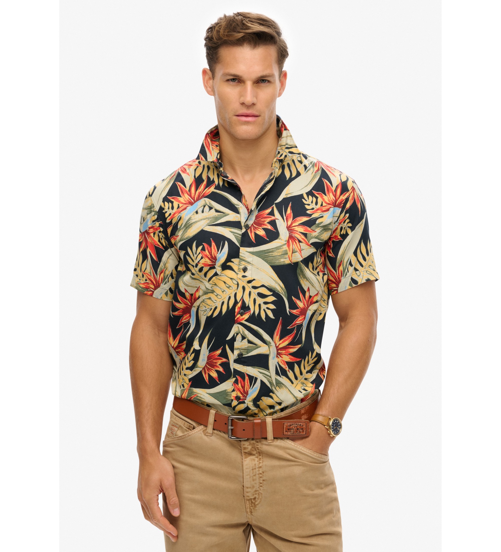 Superdry für Herren. M4010947A Marineblaues Hemd mit Hawaii-Print (S), Lässig, Modal, Kurzarm