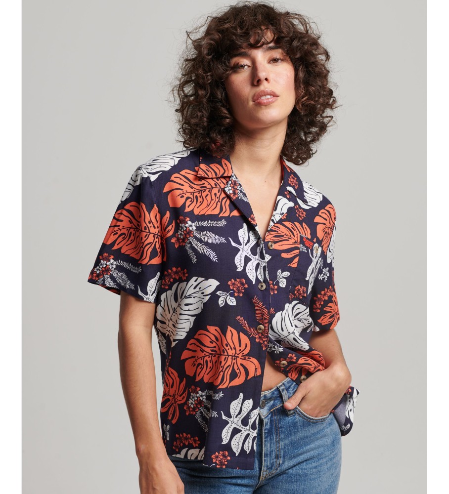 Superdry für Damen. W4010371A Vintage Logo Beach Resort Logo Shirt navy (XS), Lässig, Viskose, Kurzarm, Marine