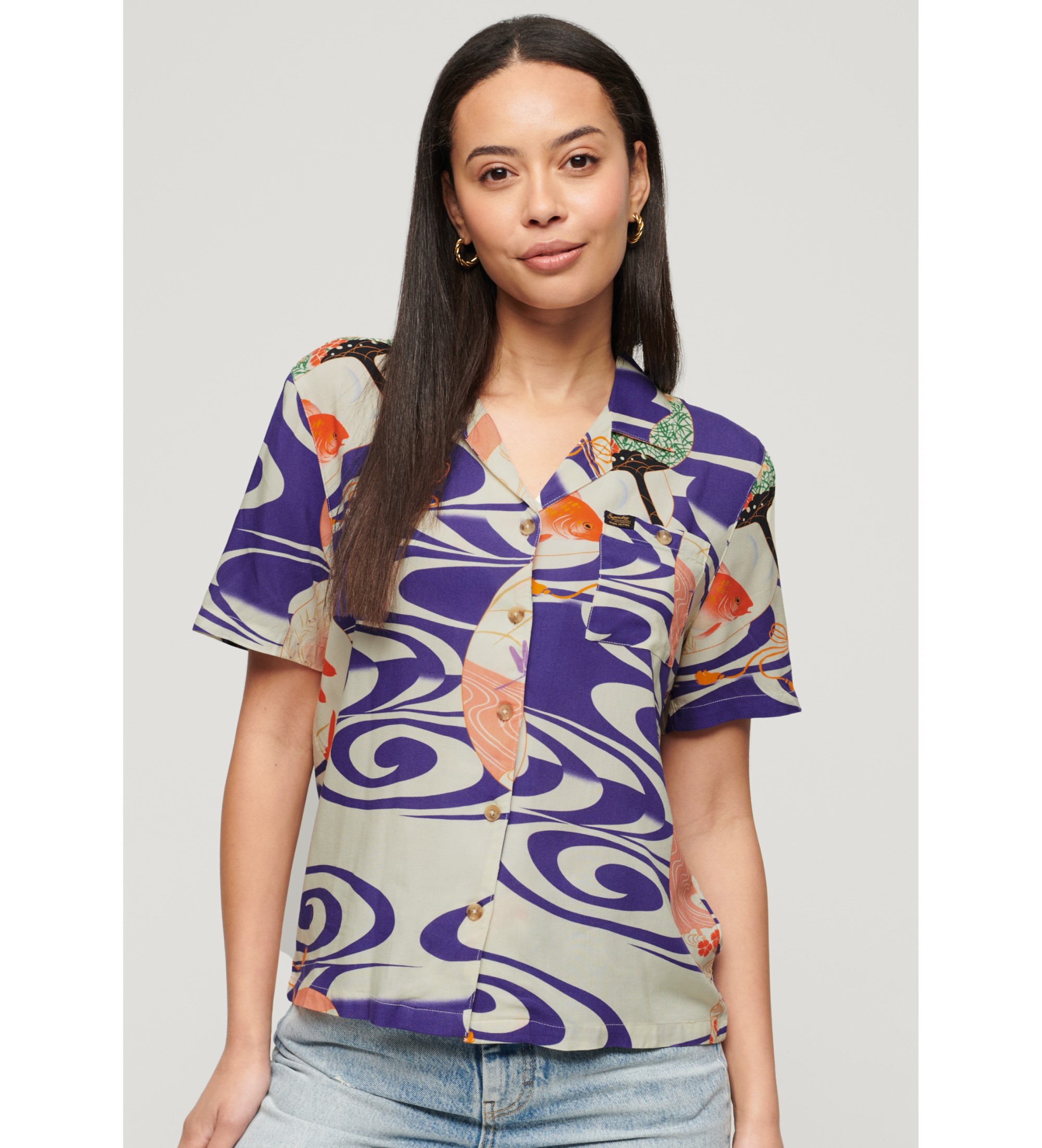 Superdry für Damen. W4010371A Vintage Logo Beach Resort Logo Shirt blau (S), Lässig, Viskose, Kurzarm