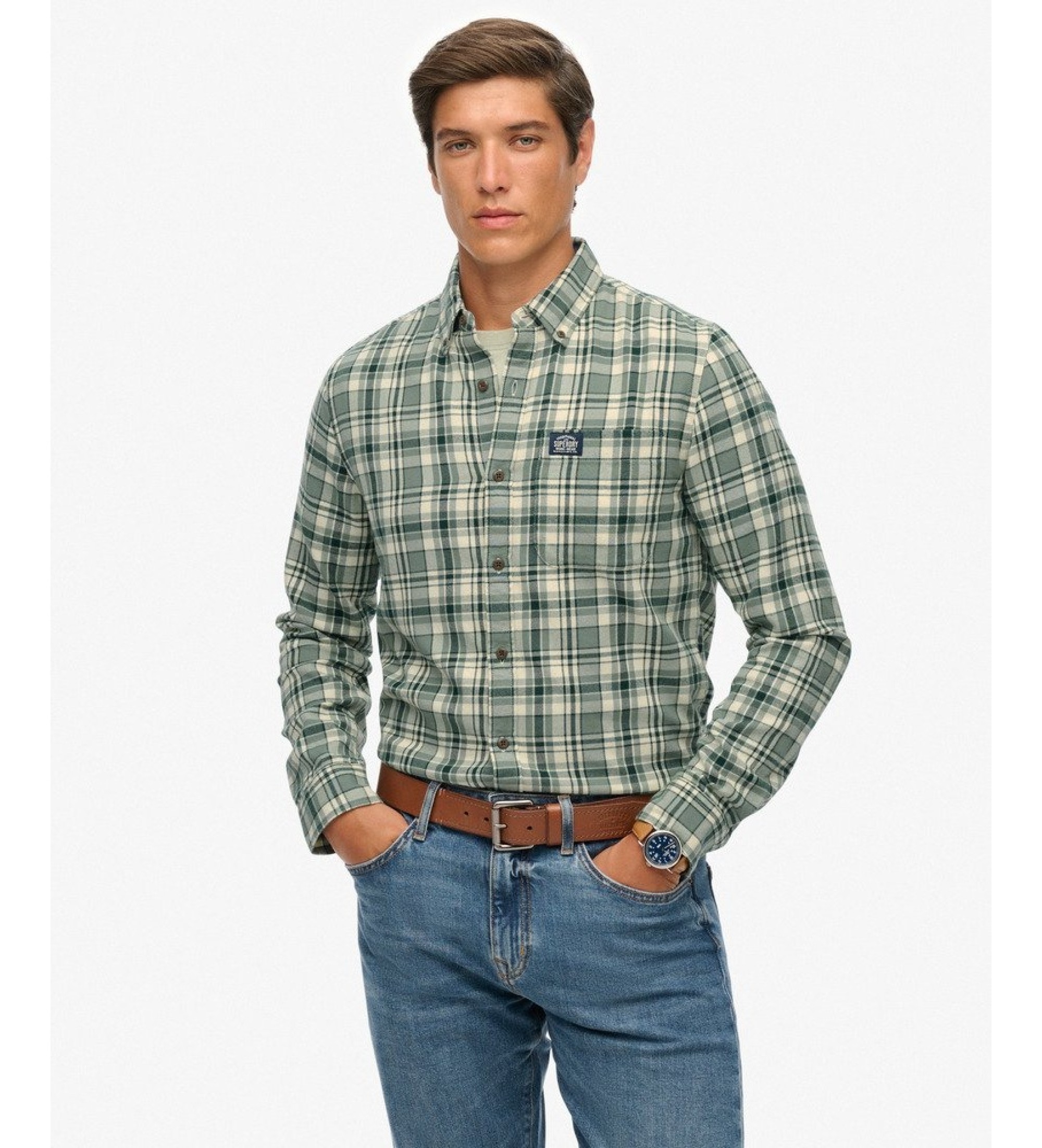 Superdry für Herren. M4011047A Grünes Holzfällerhemd (L), Lässig, Baumwolle, Langarm