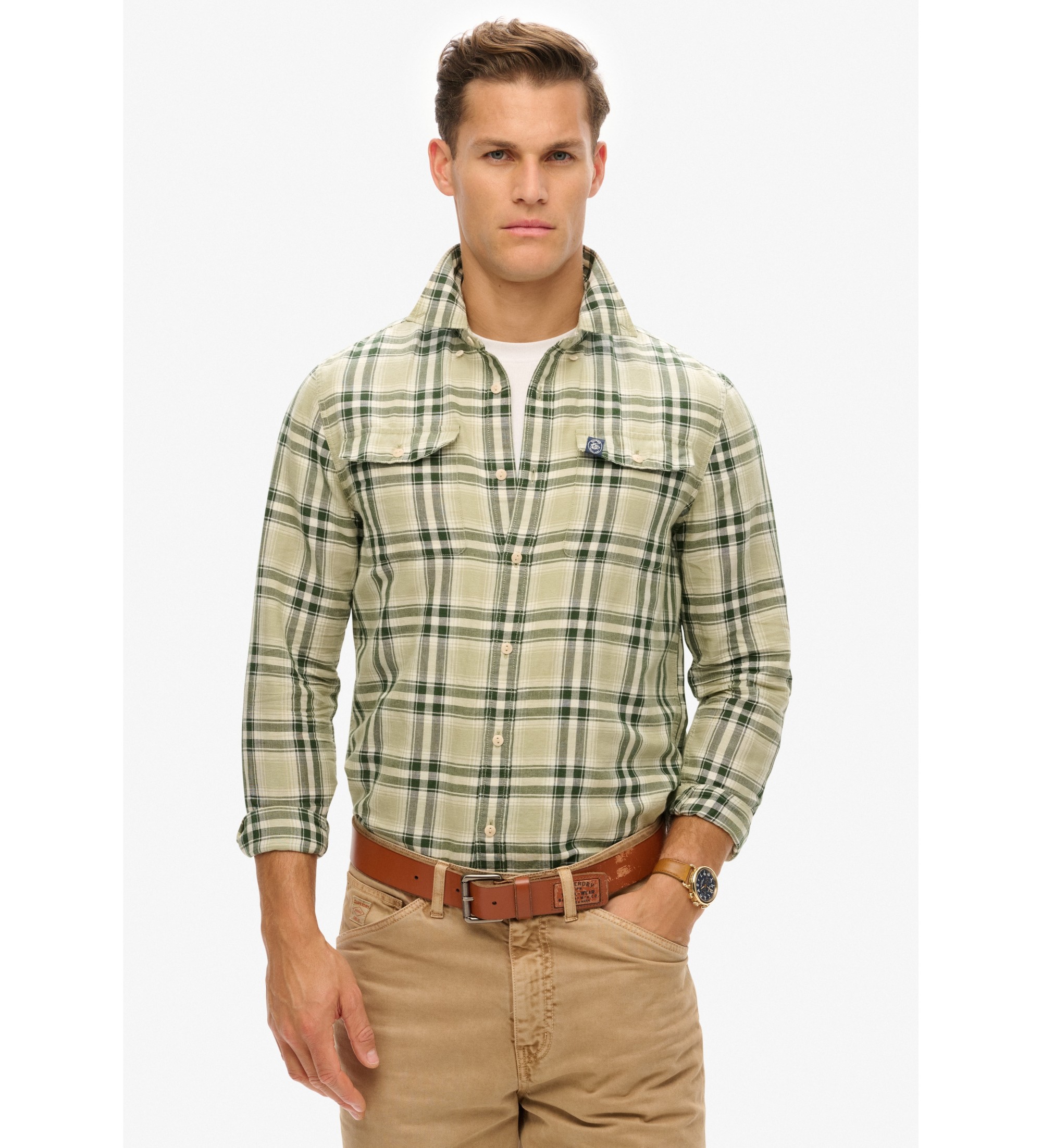 Superdry für Herren. M4010916A Merchant Store Leinen-Karohemd grün (S), Lässig, Langarm