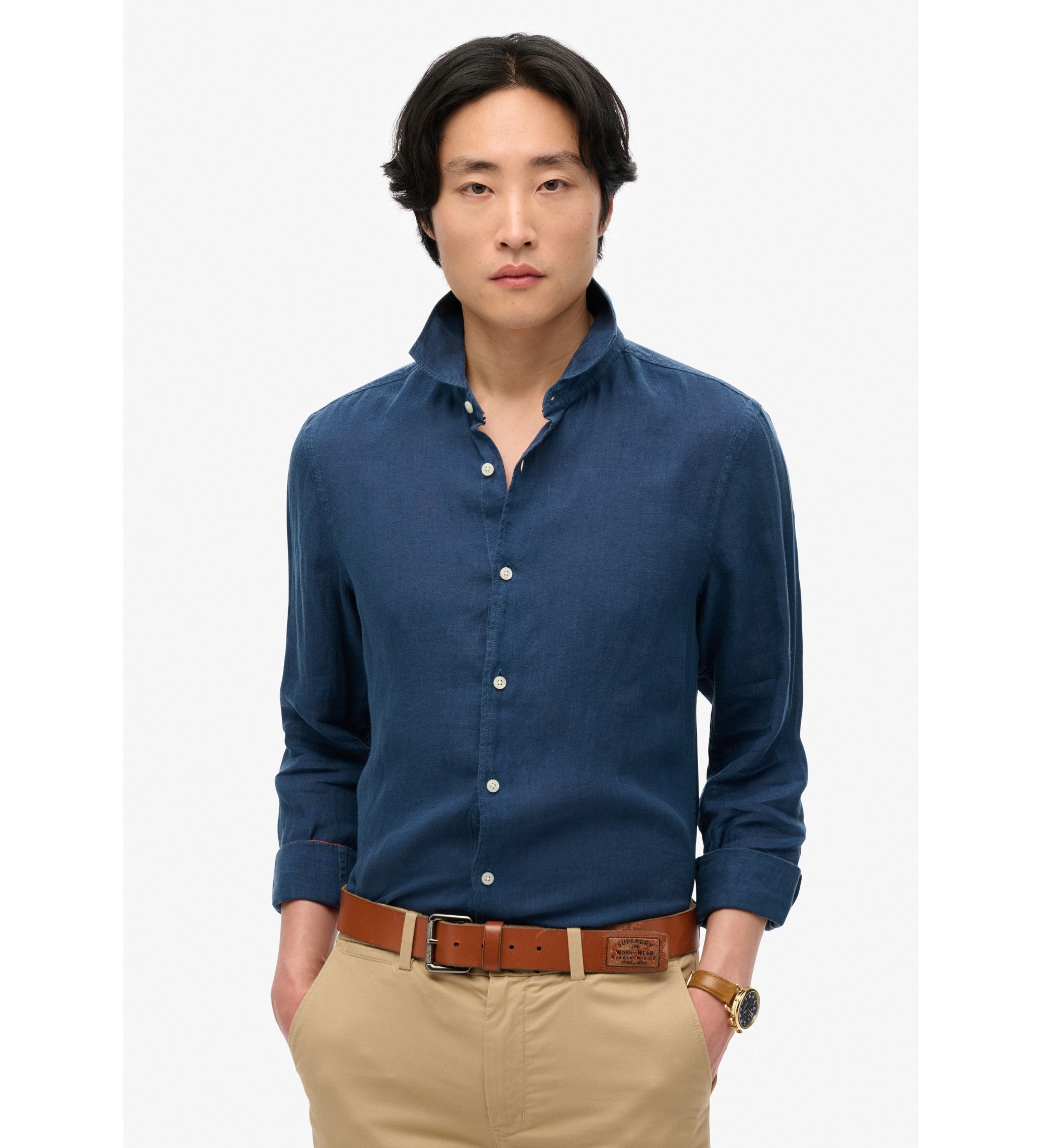 Superdry für Herren. M4010995A Urlaub Leinenhemd navy (XXL), Lässig, Langarm, Marine